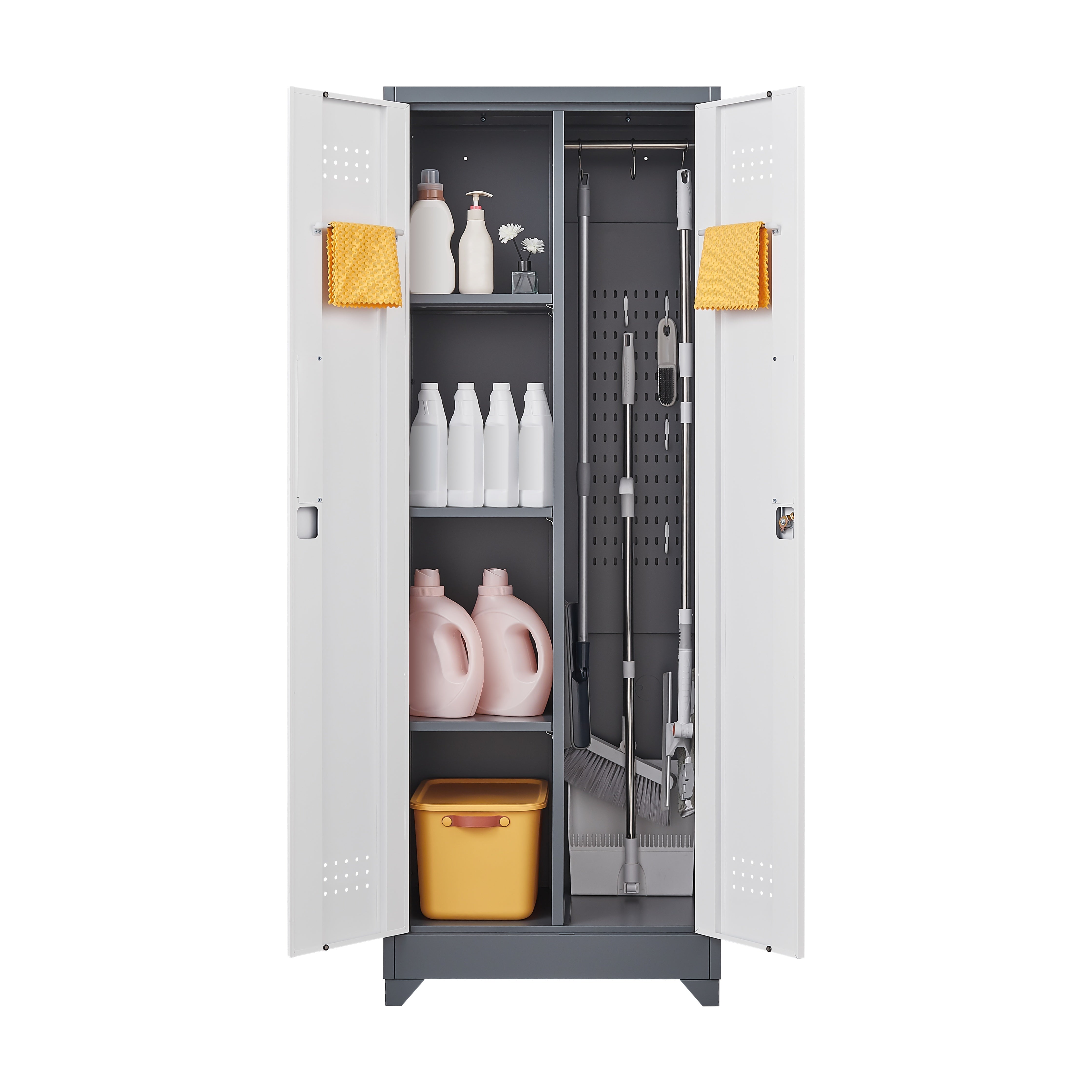 Broom Storage Cabinet With Locking Doors And Shelves, 65" H Metal Storage Cabinet With Hanging Rod & S-Hooks, Cleaning Tool Storage Cabinet Grey