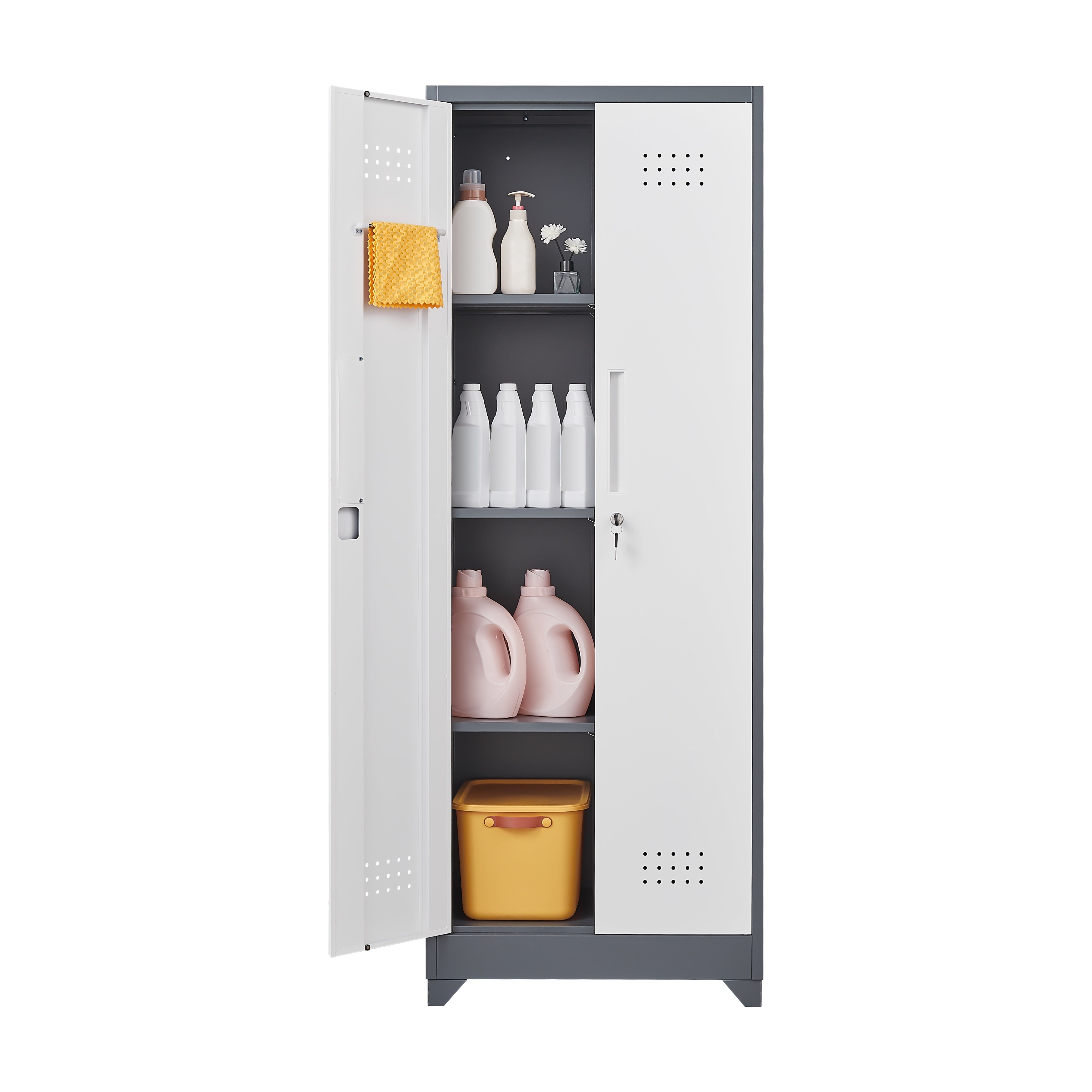 Broom Storage Cabinet With Locking Doors And Shelves, 65" H Metal Storage Cabinet With Hanging Rod & S-Hooks, Cleaning Tool Storage Cabinet Grey
