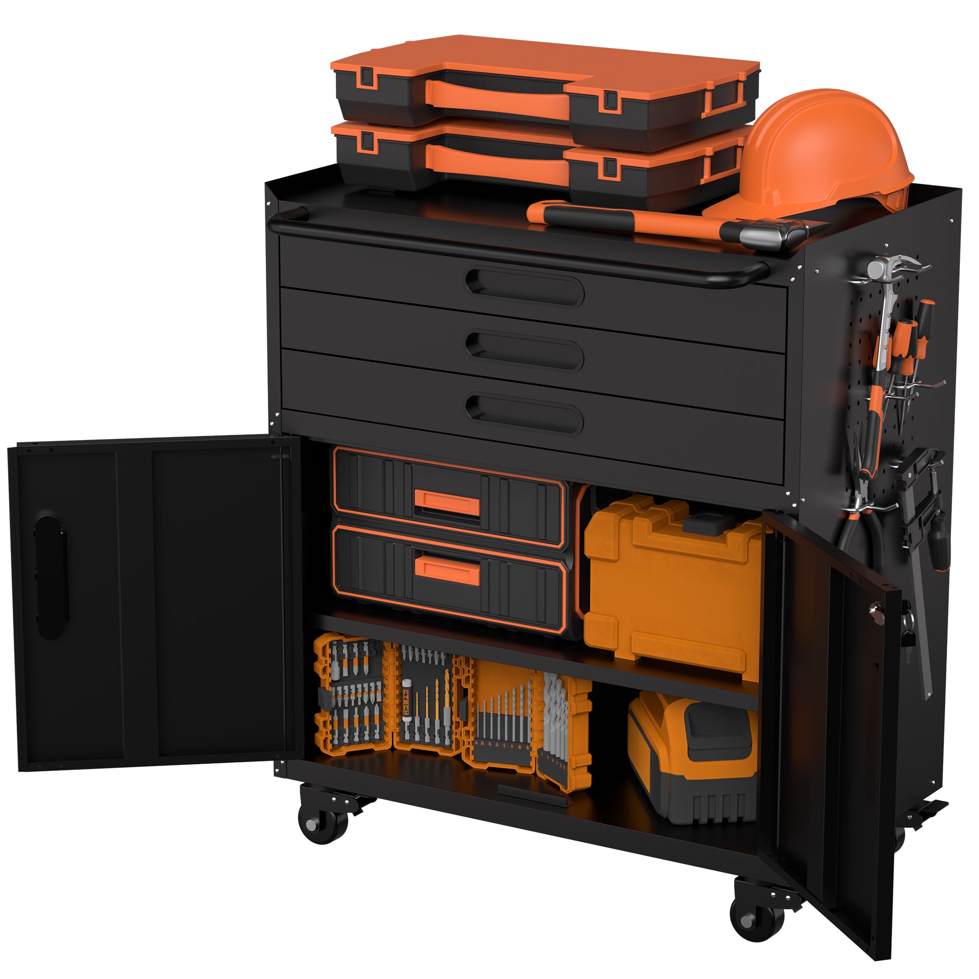 34.3" Rolling Metal Tool Cabinet - Heavy Duty Garage Storage with Lockable Doors & 3 Drawers, Mobile Workbench Organizer for Garage, Workshop, Home