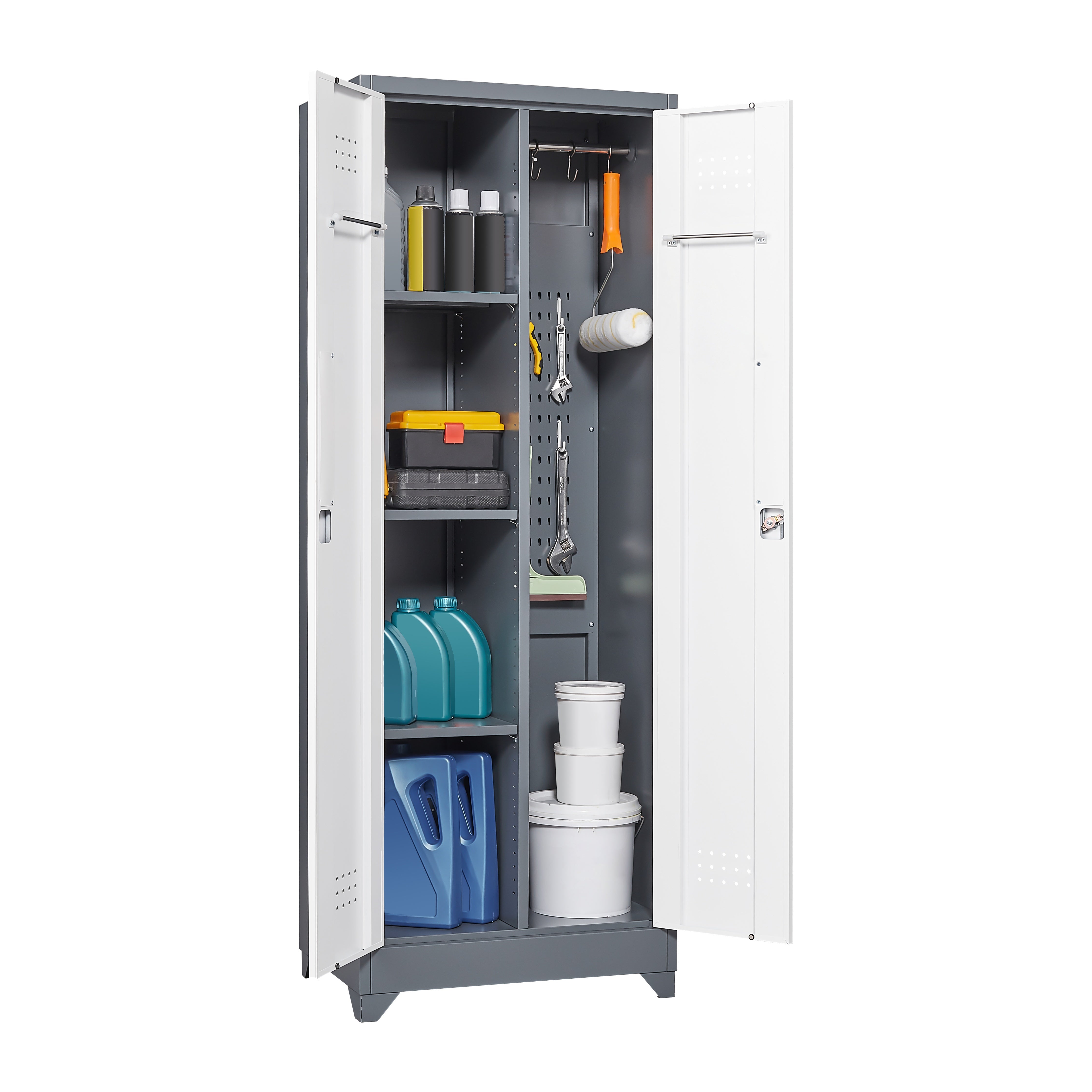 Broom Storage Cabinet With Locking Doors And Shelves, 65" H Metal Storage Cabinet With Hanging Rod & S-Hooks, Cleaning Tool Storage Cabinet Grey