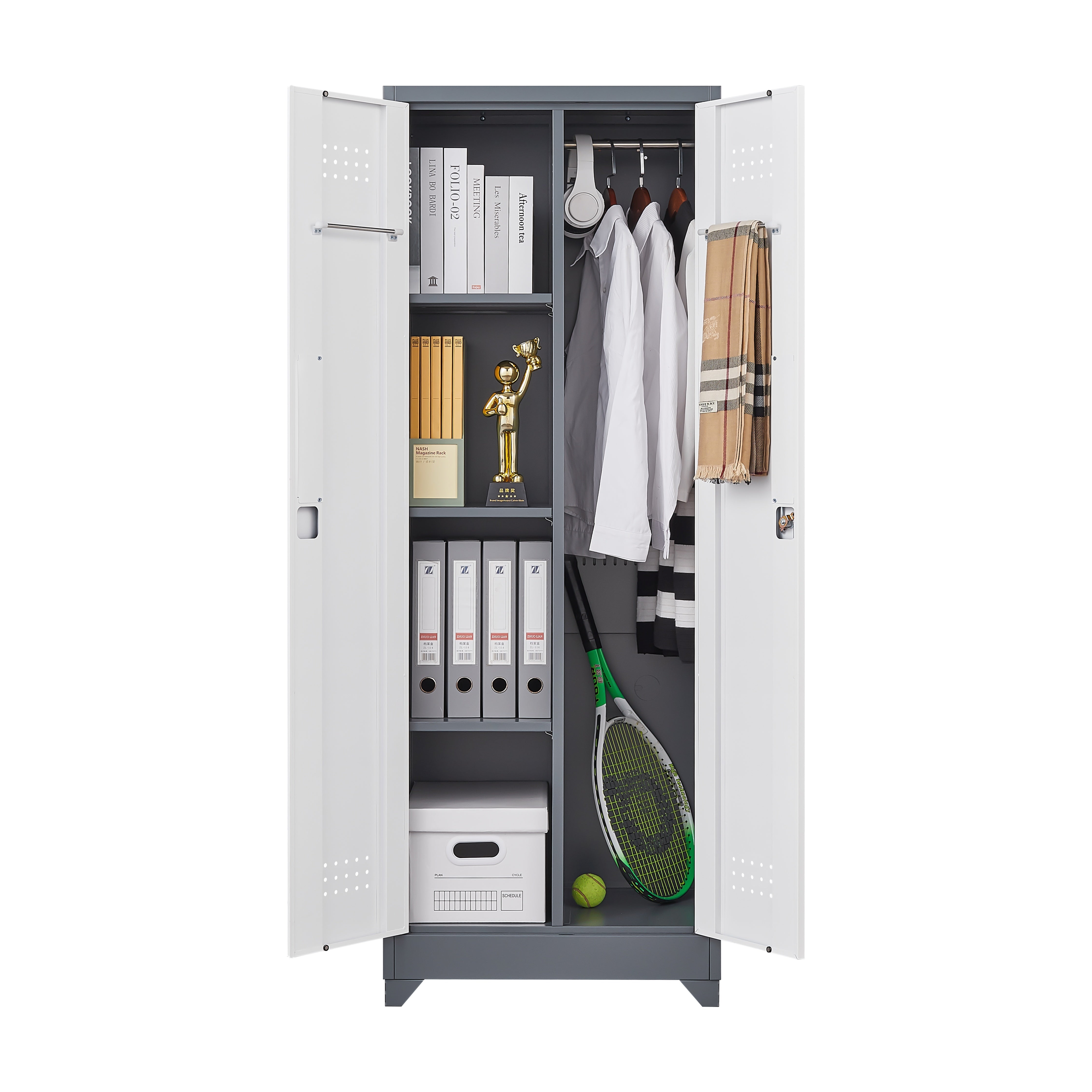 Broom Storage Cabinet With Locking Doors And Shelves, 65" H Metal Storage Cabinet With Hanging Rod & S-Hooks, Cleaning Tool Storage Cabinet Grey