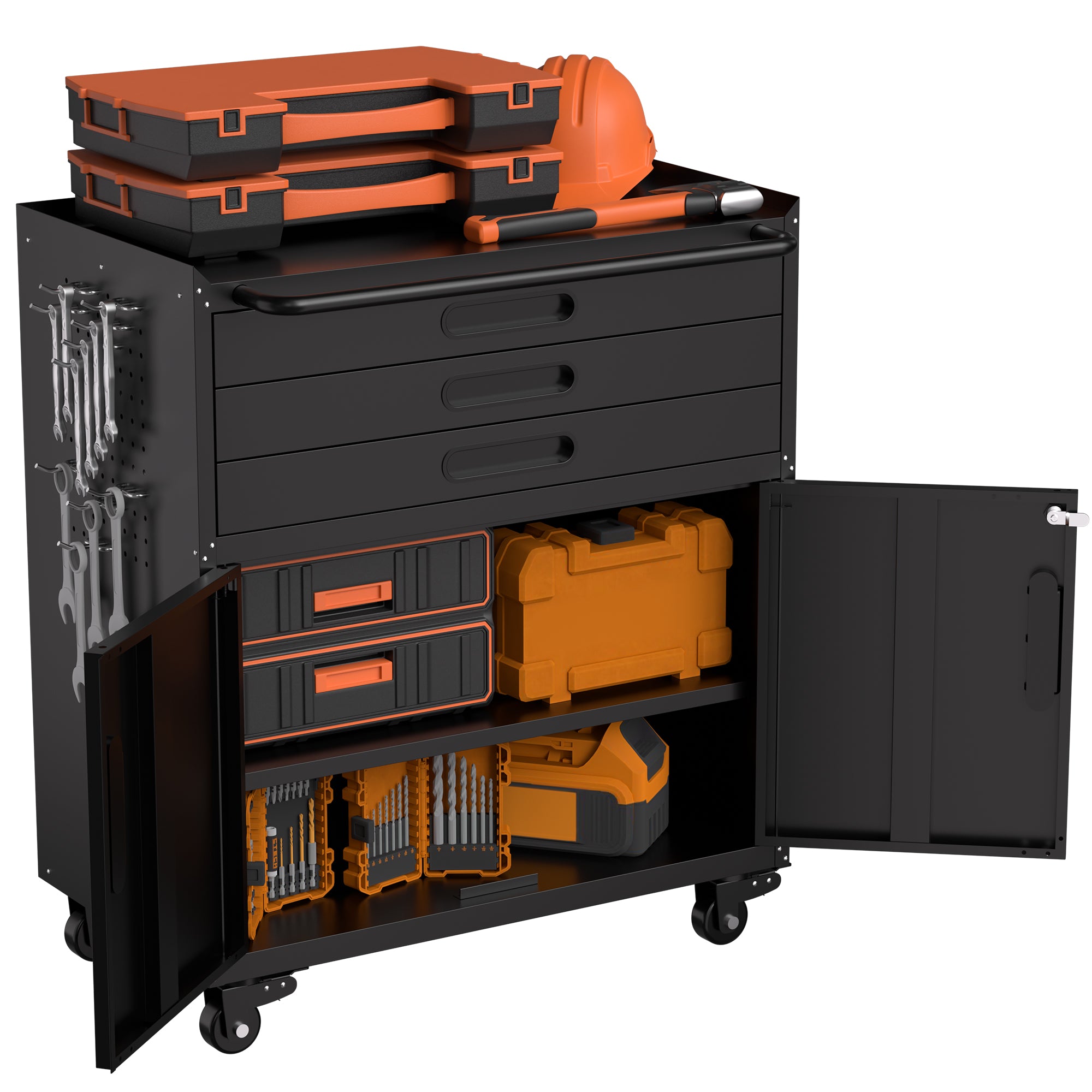 34.3" Rolling Metal Tool Cabinet - Heavy Duty Garage Storage with Lockable Doors & 3 Drawers, Mobile Workbench Organizer for Garage, Workshop, Home