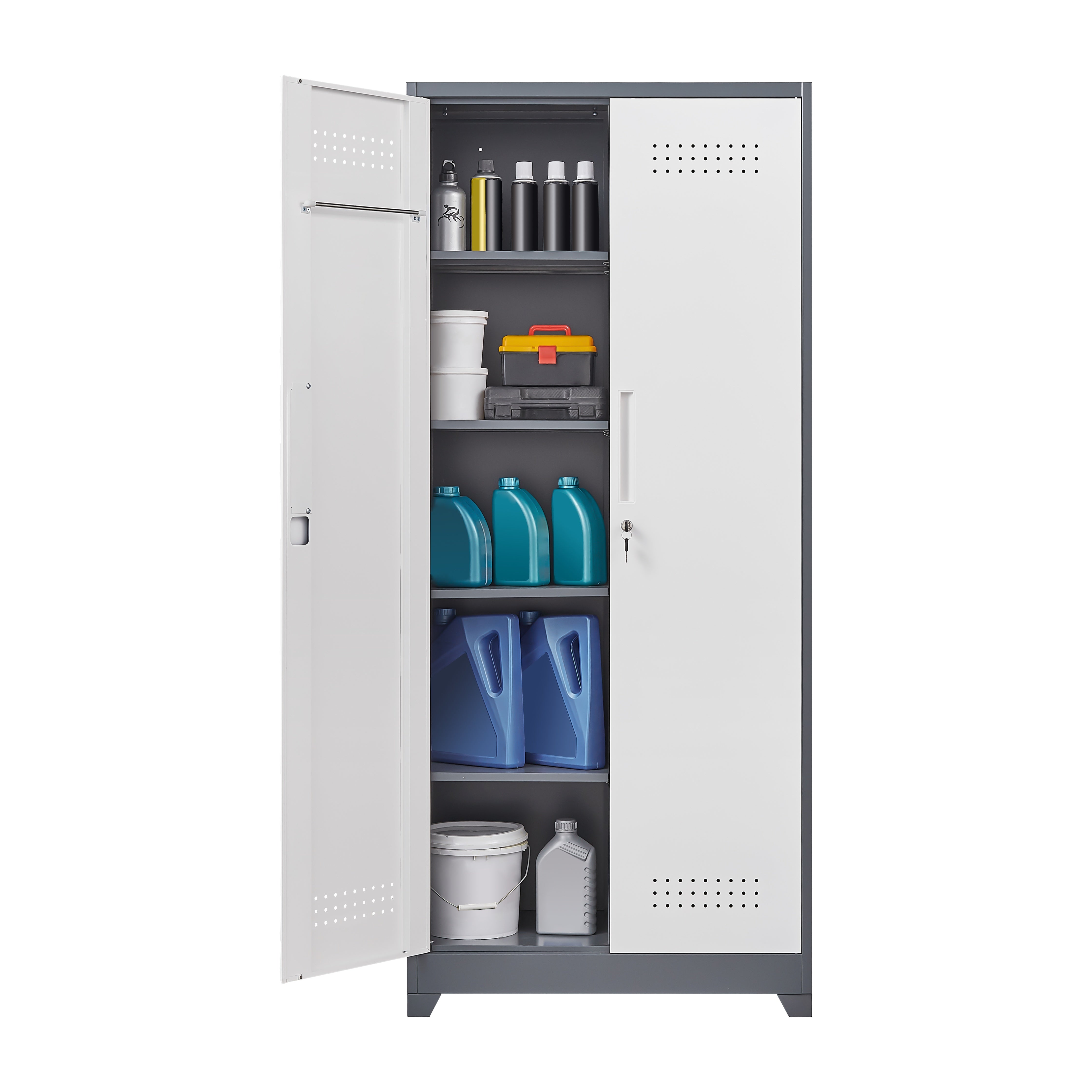 Gray Metal Lockers, Cleaning Tool Cabinets With Locking Doors, High Broom Tool Storage Cabinets, Adjustable Shelves, Large Cabinets For Kitchens, Offices, Shops.(72 Inches)