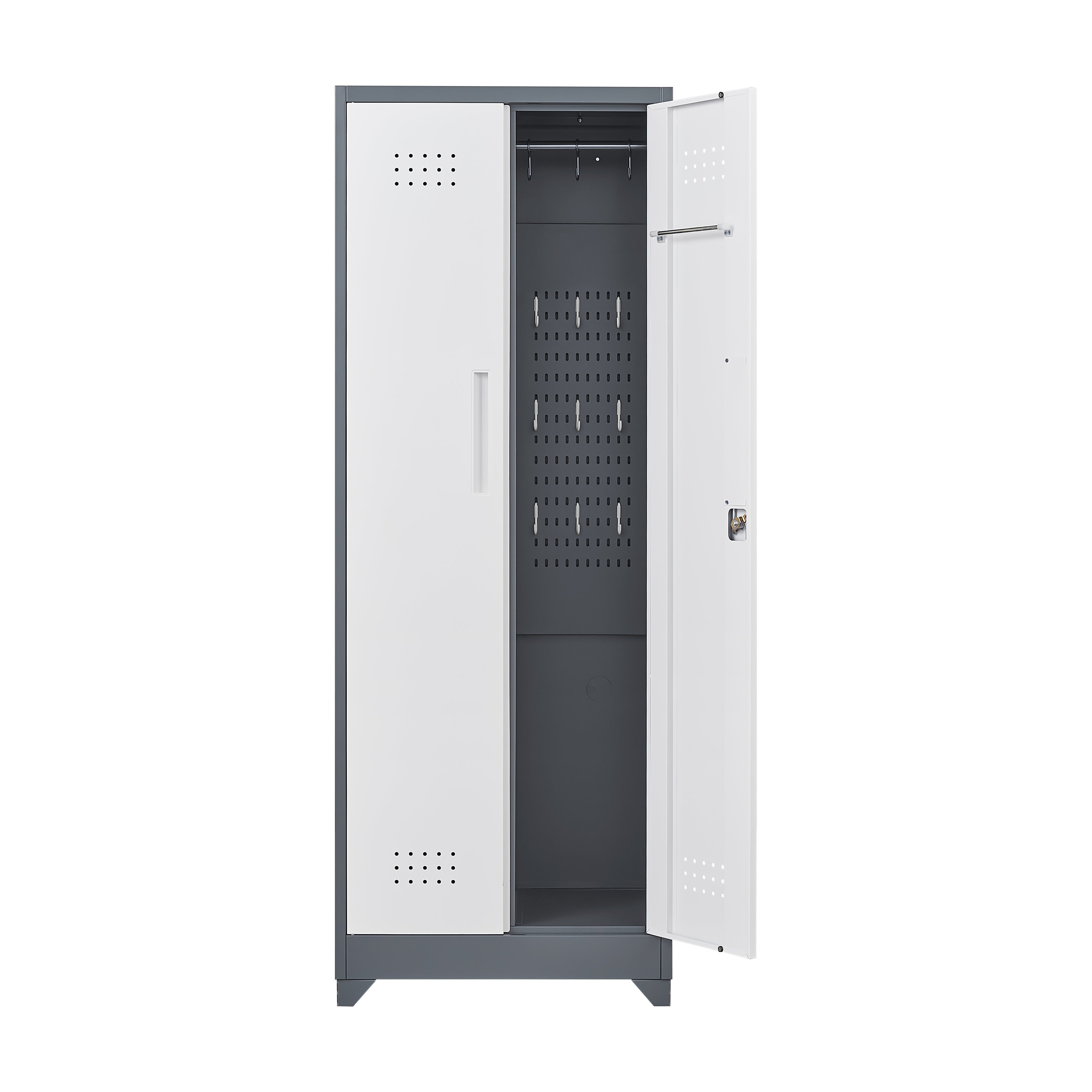 Broom Storage Cabinet With Locking Doors And Shelves, 65" H Metal Storage Cabinet With Hanging Rod & S-Hooks, Cleaning Tool Storage Cabinet Grey