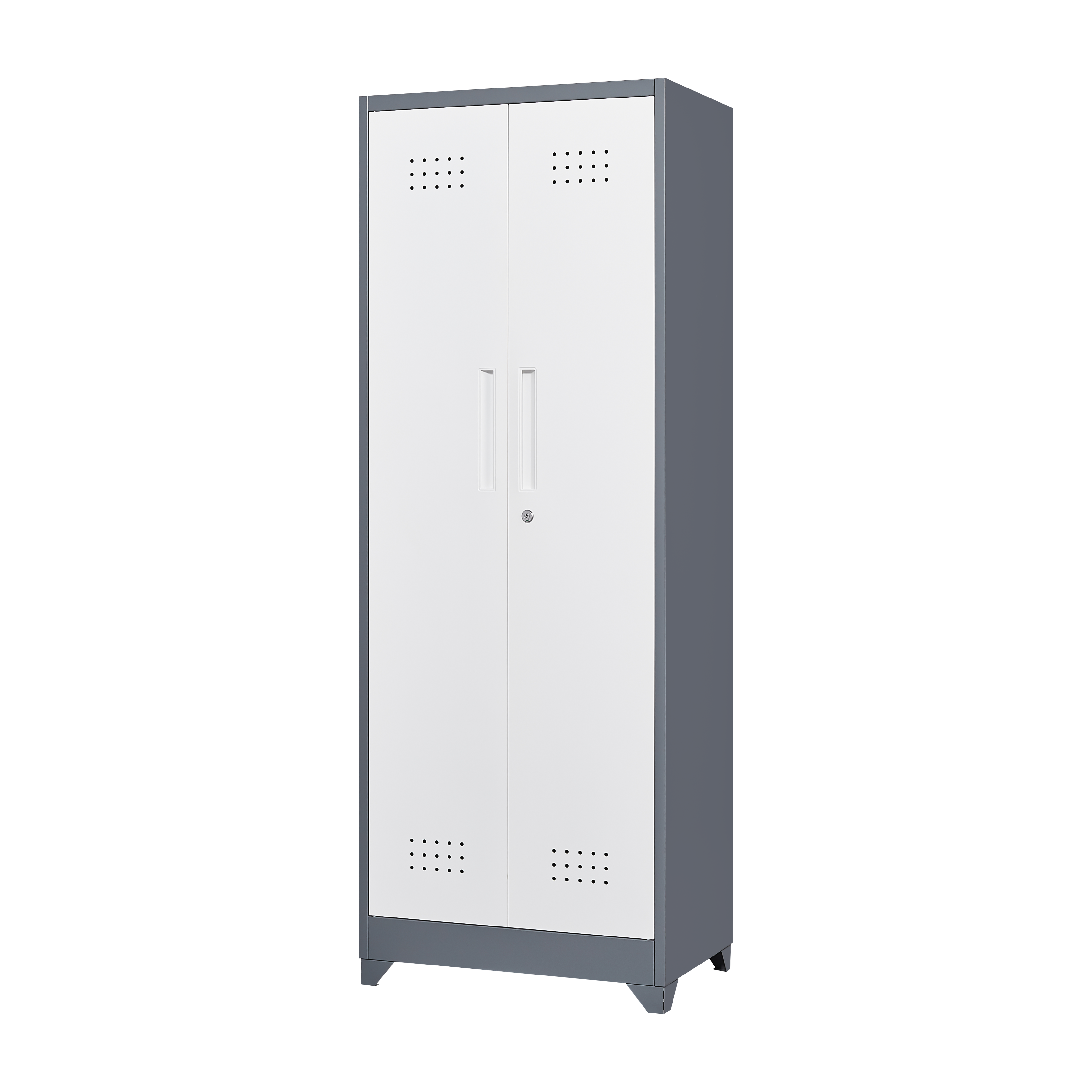 Broom Storage Cabinet With Locking Doors And Shelves, 65" H Metal Storage Cabinet With Hanging Rod & S-Hooks, Cleaning Tool Storage Cabinet Grey