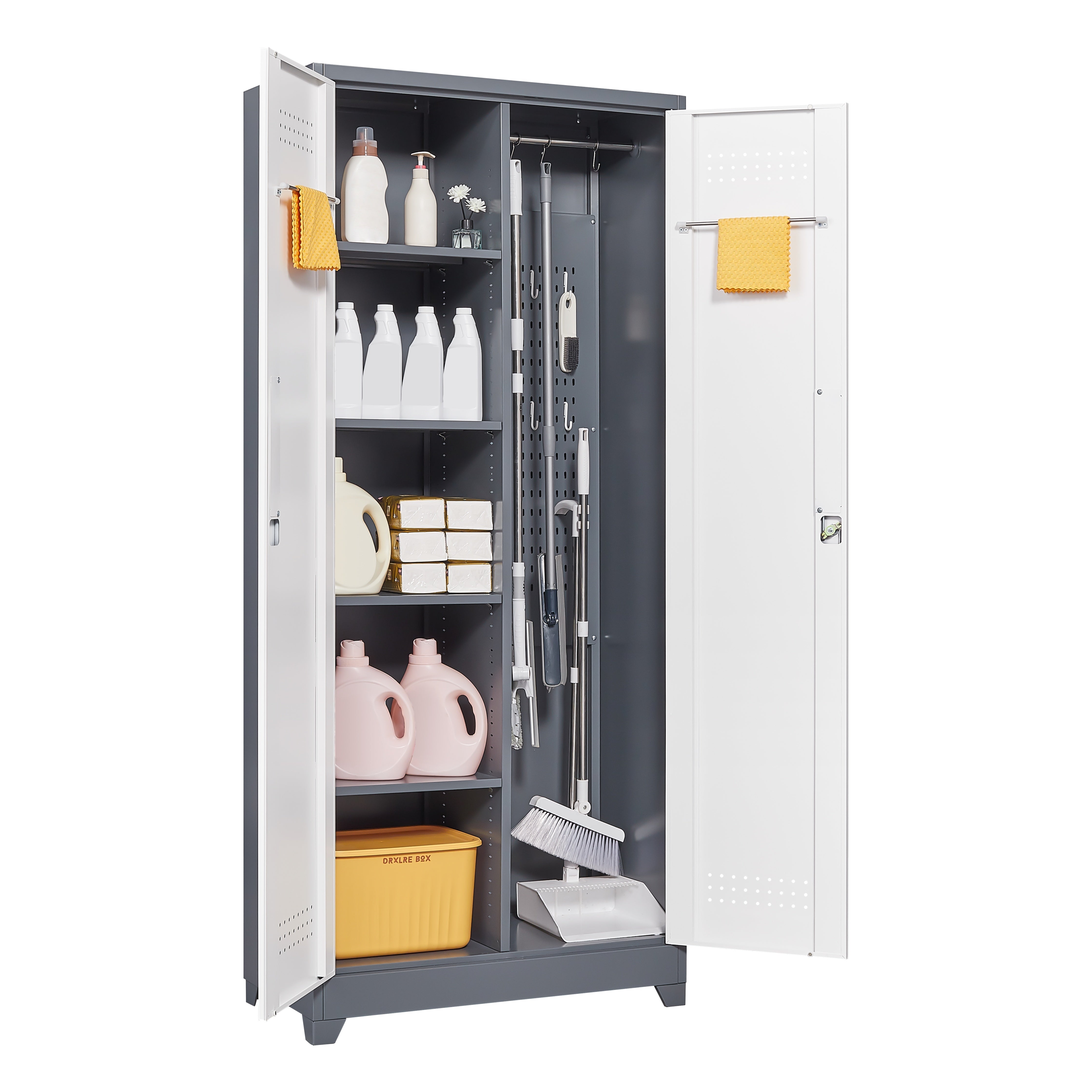 Gray Metal Lockers, Cleaning Tool Cabinets With Locking Doors, High Broom Tool Storage Cabinets, Adjustable Shelves, Large Cabinets For Kitchens, Offices, Shops.(72 Inches)
