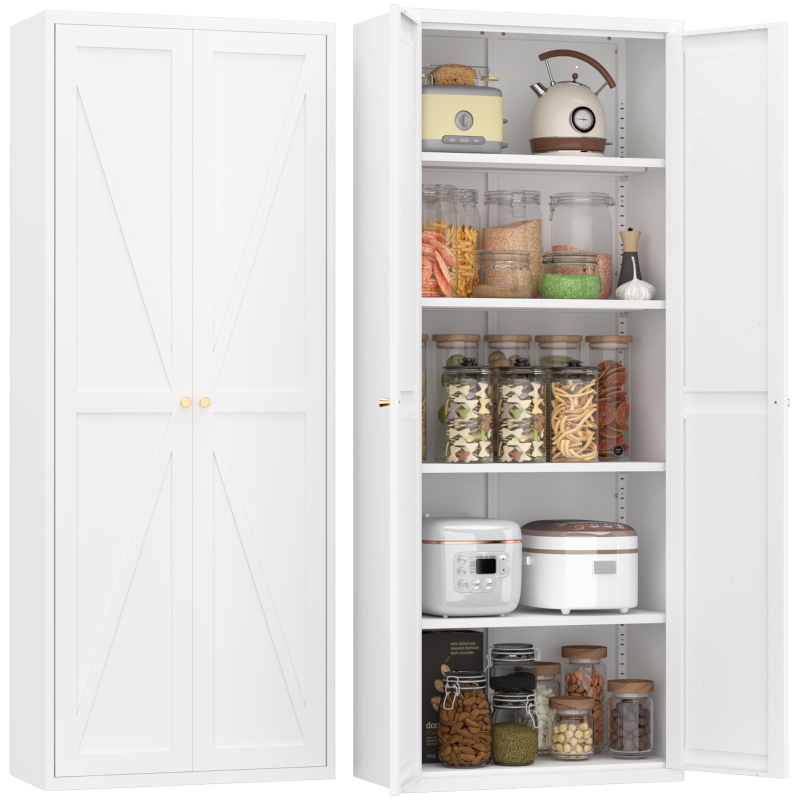 Metal Adjustable 2 Doors Metal Storage Cabinet Kitchen Pantry Cabinet With Adjustable Shelves Tall Steel Cabinet Locker For Kitchen, Living Room, Dining Room And Office