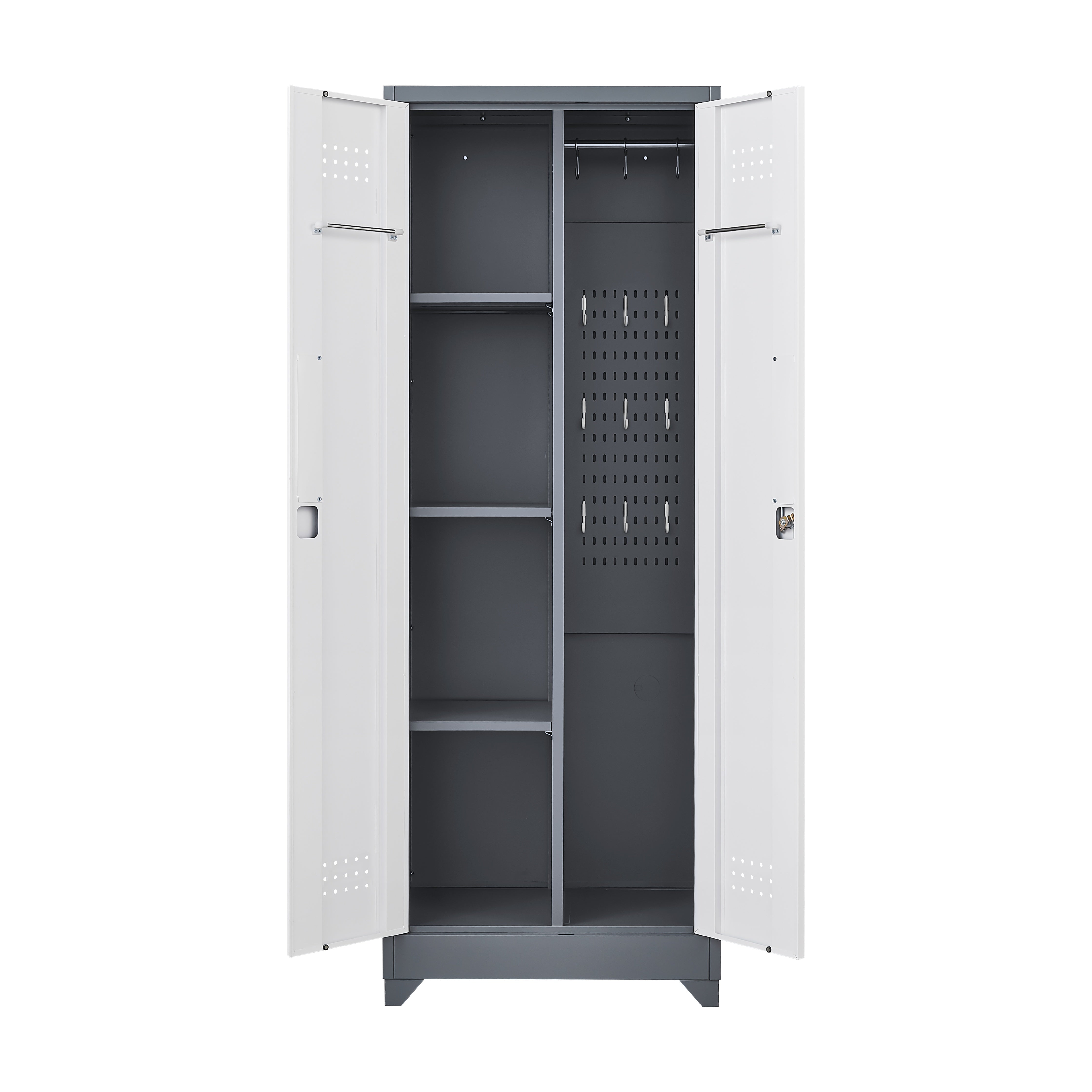Broom Storage Cabinet With Locking Doors And Shelves, 65" H Metal Storage Cabinet With Hanging Rod & S-Hooks, Cleaning Tool Storage Cabinet Grey