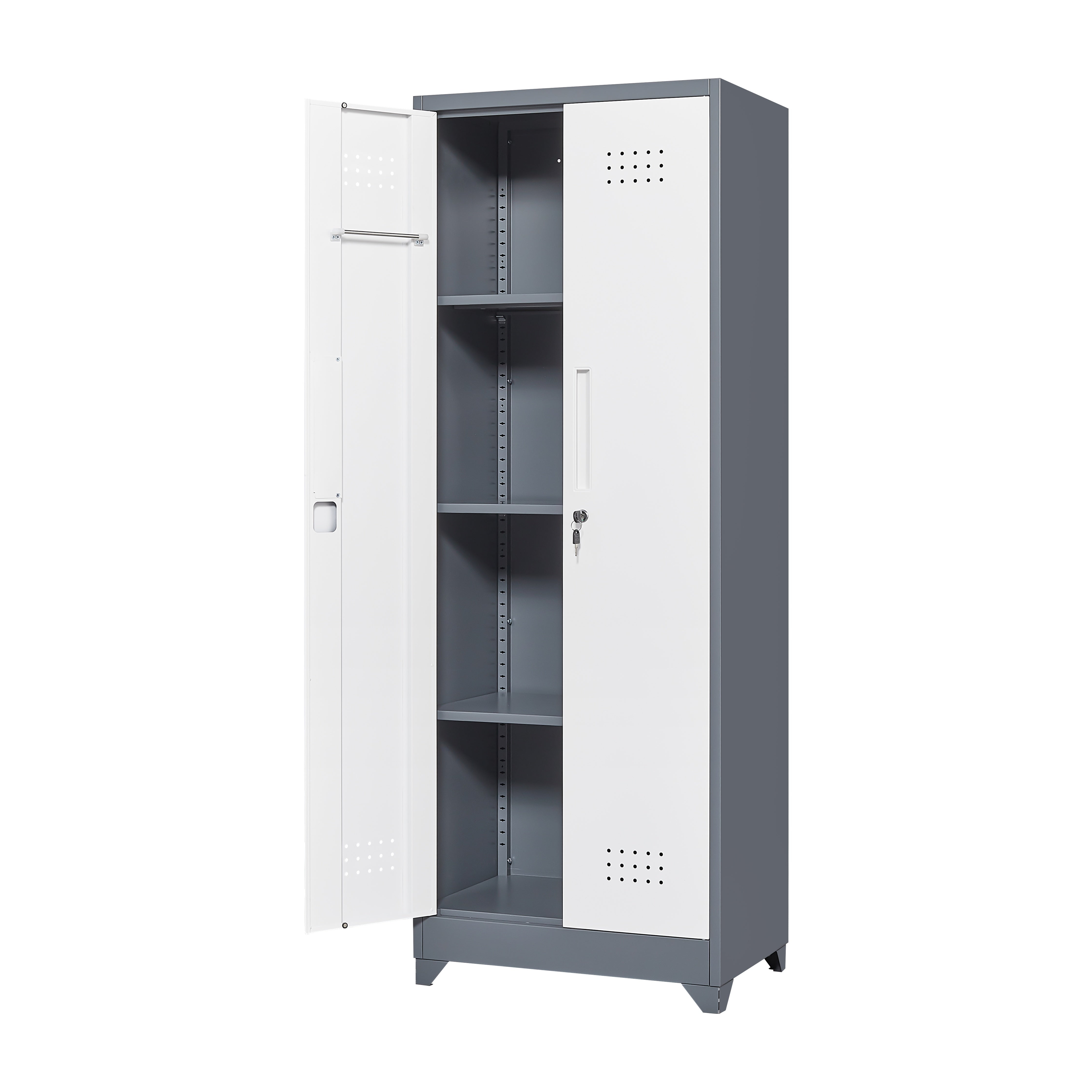 Broom Storage Cabinet With Locking Doors And Shelves, 65" H Metal Storage Cabinet With Hanging Rod & S-Hooks, Cleaning Tool Storage Cabinet Grey