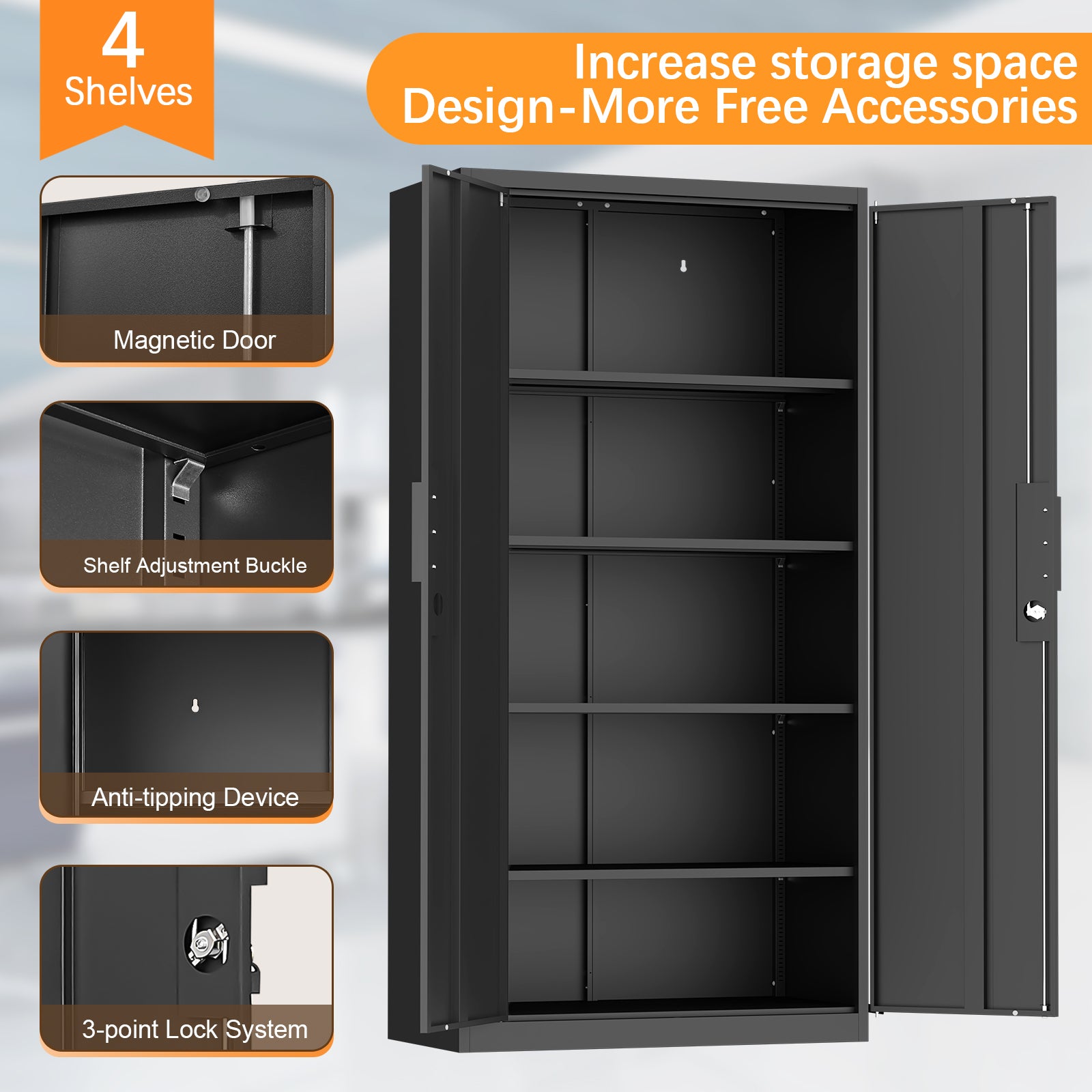 72-Inch 2-Door File Cabinet with Lock, 4 Adjustable Shelves, Heavy-Duty Steel Construction, for Commercial Office, Home Office, Legal Size & Letter File Storage, Organization Cabinet in Black