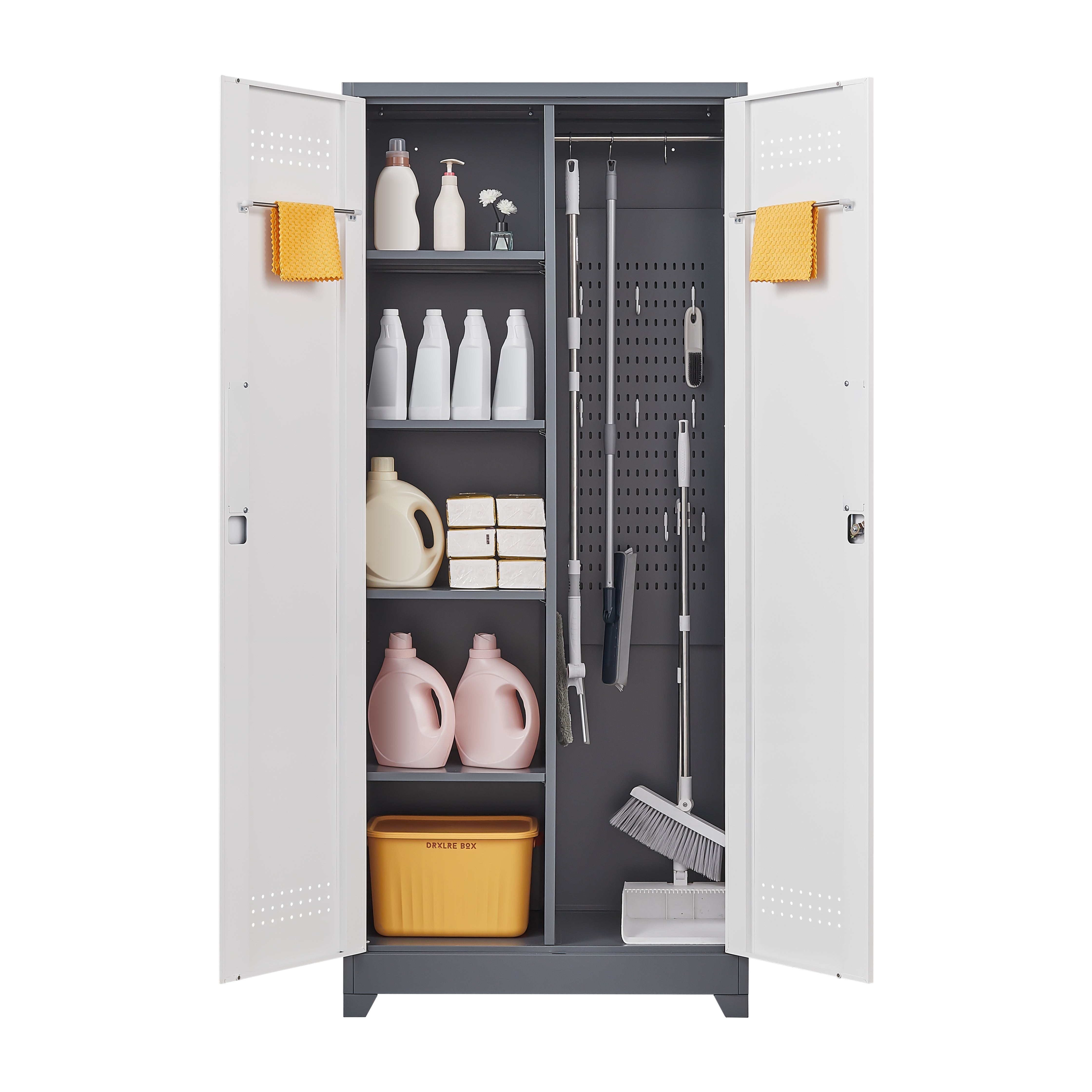 Gray Metal Lockers, Cleaning Tool Cabinets With Locking Doors, High Broom Tool Storage Cabinets, Adjustable Shelves, Large Cabinets For Kitchens, Offices, Shops.(72 Inches)