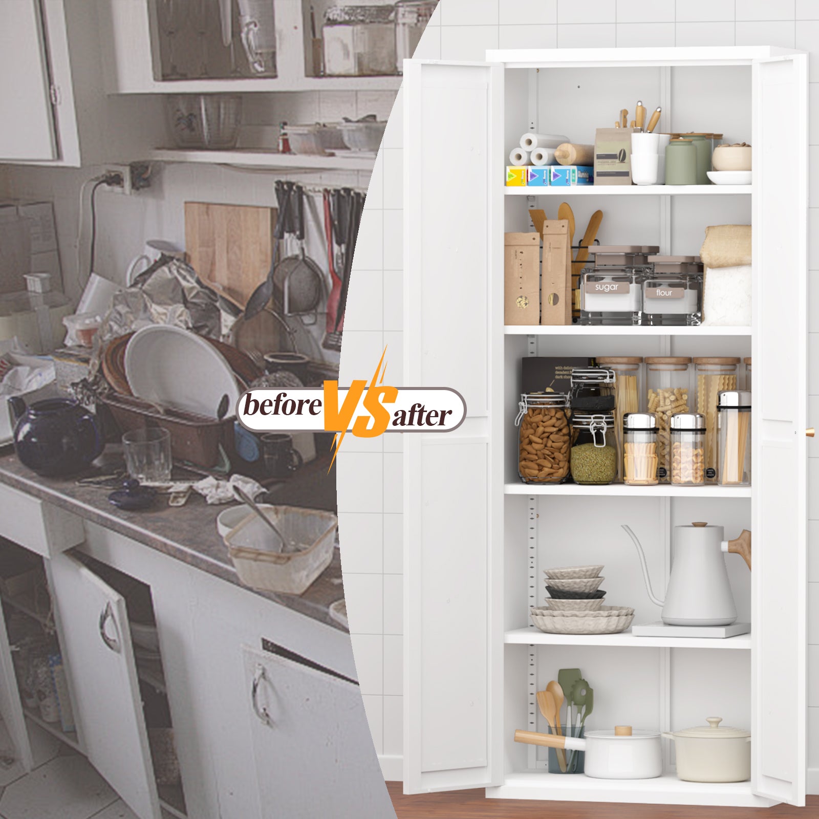 Metal Adjustable 2 Doors Metal Storage Cabinet Kitchen Pantry Cabinet With Adjustable Shelves Tall Steel Cabinet Locker For Kitchen, Living Room, Dining Room And Office