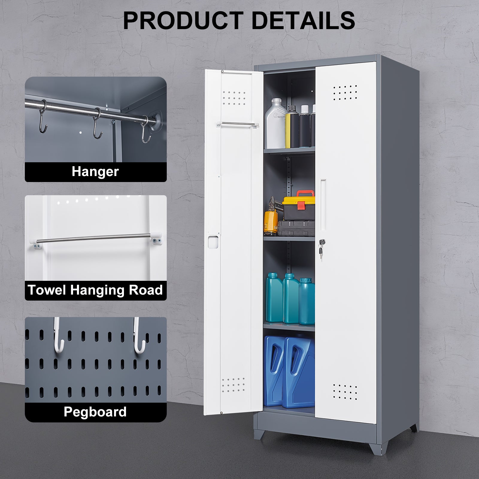 Broom Storage Cabinet With Locking Doors And Shelves, 65" H Metal Storage Cabinet With Hanging Rod & S-Hooks, Cleaning Tool Storage Cabinet Grey