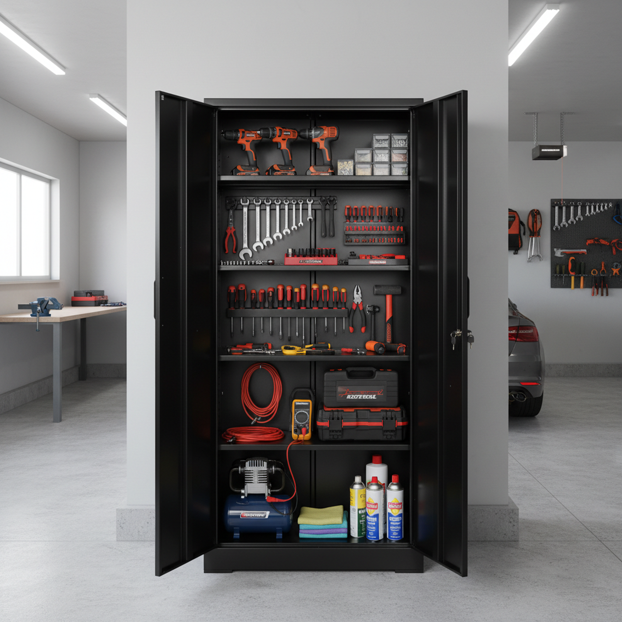 Container Furniture Direct Ironclad 71" Metal Storage Cabinet with Locking Doors and 4 Adjustable Shelves, Heavy-Duty Steel Cabinet for Garage, Laundry, Office, or Warehouse, Black
