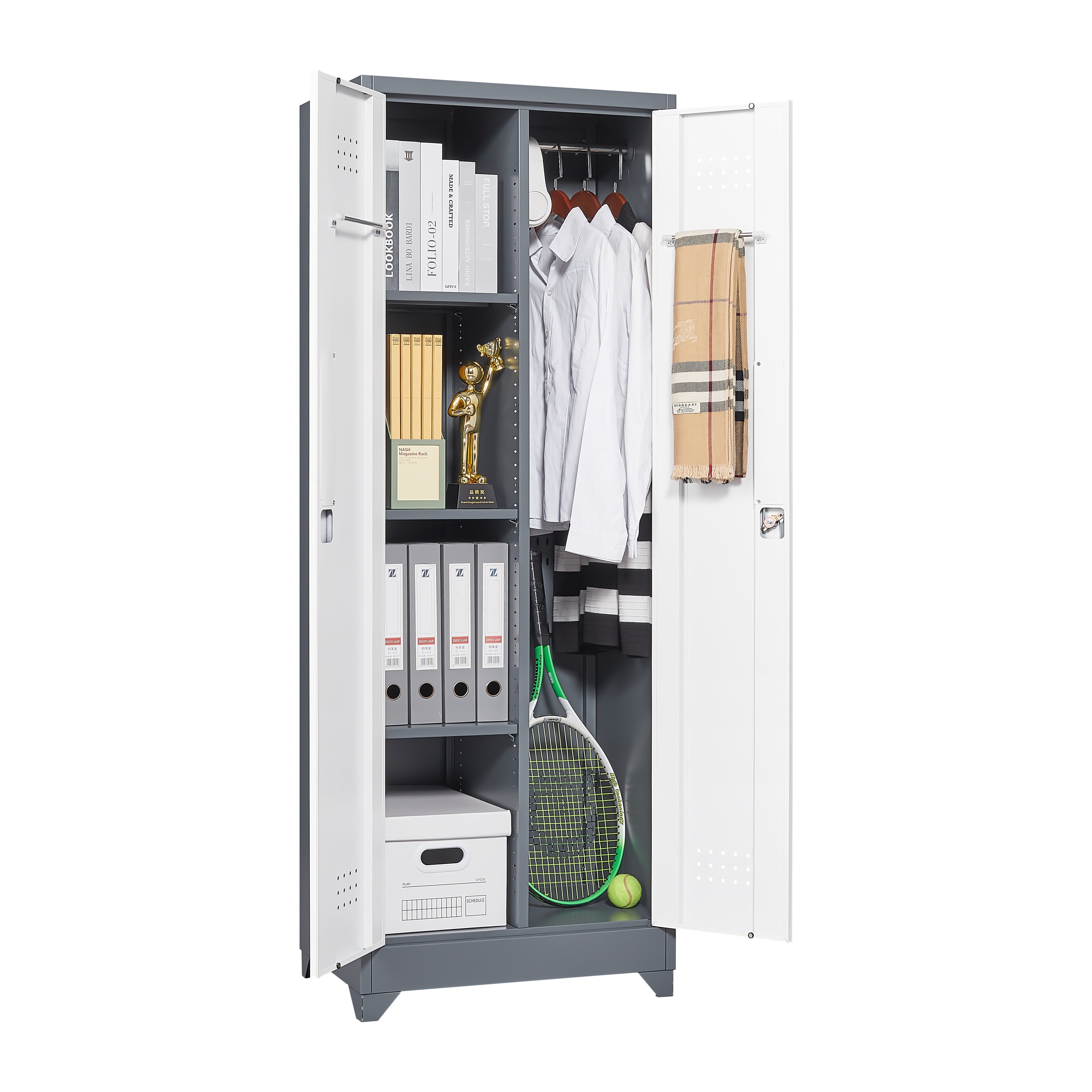 Broom Storage Cabinet With Locking Doors And Shelves, 65" H Metal Storage Cabinet With Hanging Rod & S-Hooks, Cleaning Tool Storage Cabinet Grey