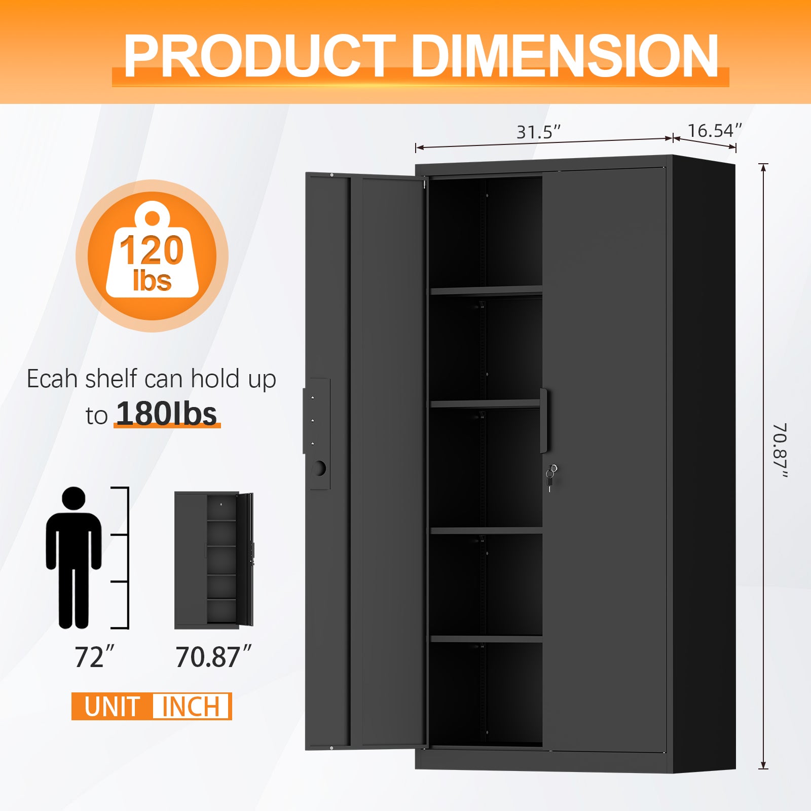 72-Inch 2-Door File Cabinet with Lock, 4 Adjustable Shelves, Heavy-Duty Steel Construction, for Commercial Office, Home Office, Legal Size & Letter File Storage, Organization Cabinet in Black