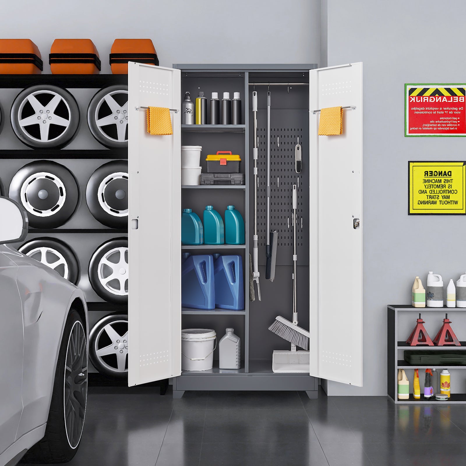 Gray Metal Lockers, Cleaning Tool Cabinets With Locking Doors, High Broom Tool Storage Cabinets, Adjustable Shelves, Large Cabinets For Kitchens, Offices, Shops.(72 Inches)