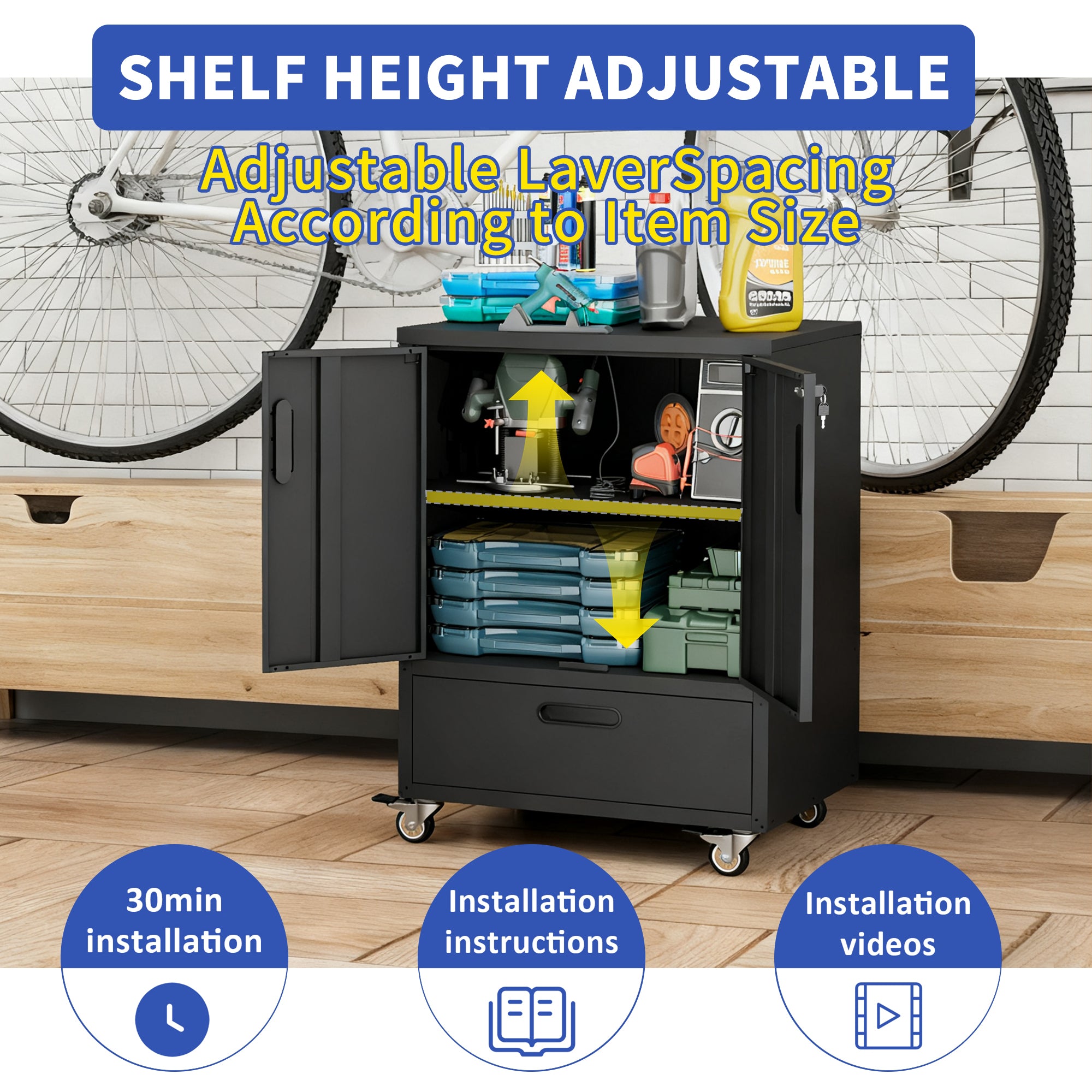 Tool Cart with Wheels, 40" H x 30" W x 20" D, Mobile Tool Cabinet with Lockable Casters & Drawer, Heavy-Duty Steel Storage Organizer for Garage, Workshop, Office - Easy 30-Min Assembly