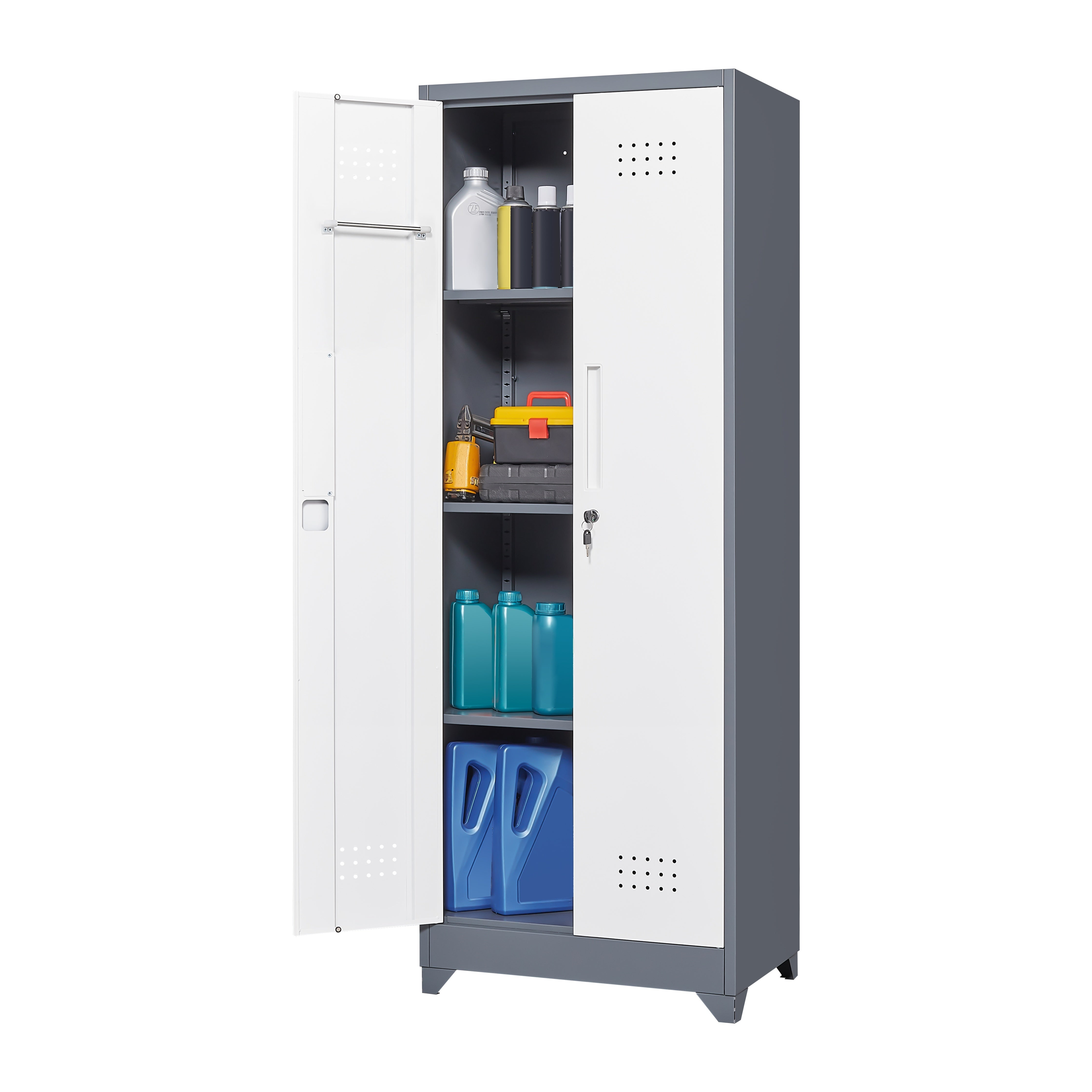Broom Storage Cabinet With Locking Doors And Shelves, 65" H Metal Storage Cabinet With Hanging Rod & S-Hooks, Cleaning Tool Storage Cabinet Grey
