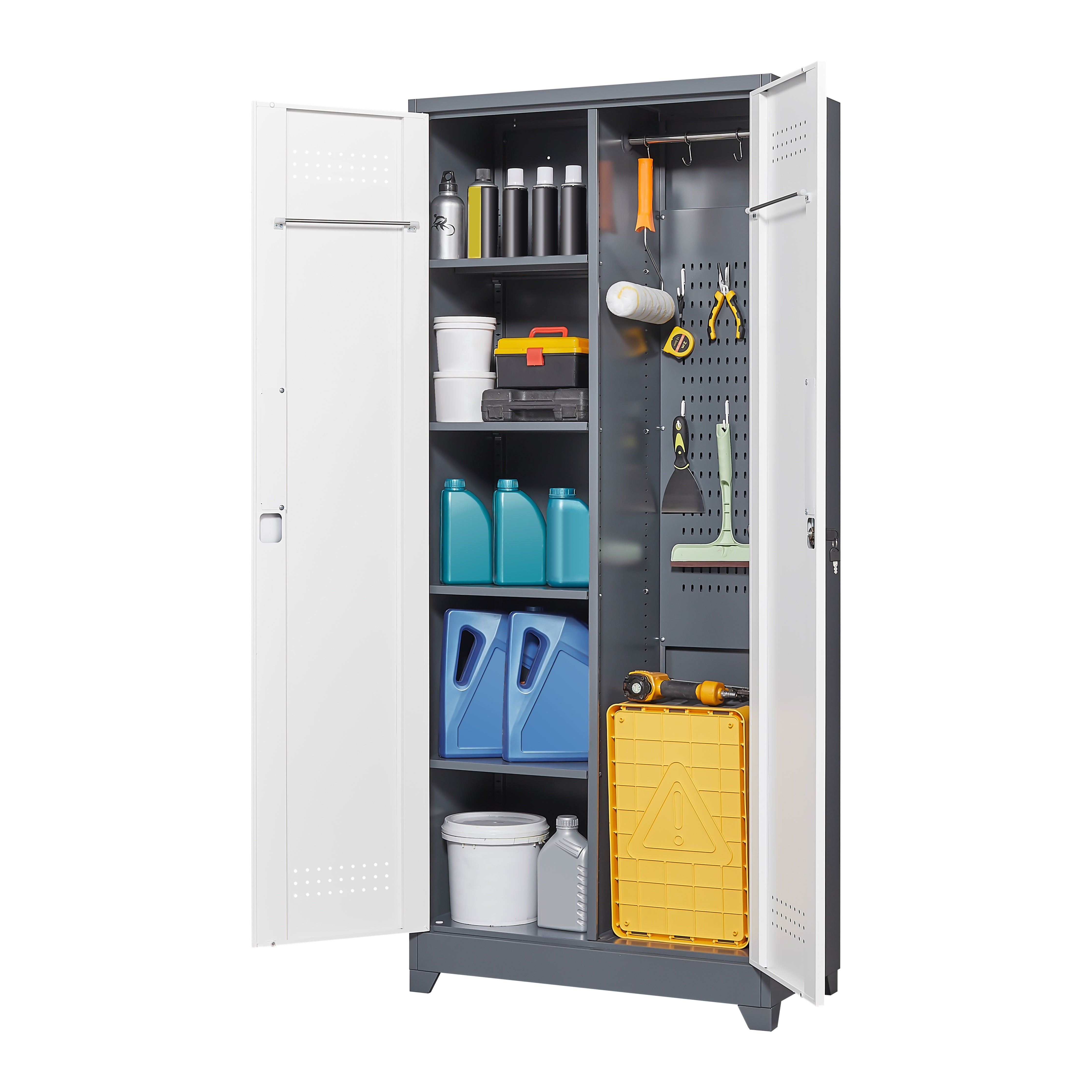 Gray Metal Lockers, Cleaning Tool Cabinets With Locking Doors, High Broom Tool Storage Cabinets, Adjustable Shelves, Large Cabinets For Kitchens, Offices, Shops.(72 Inches)