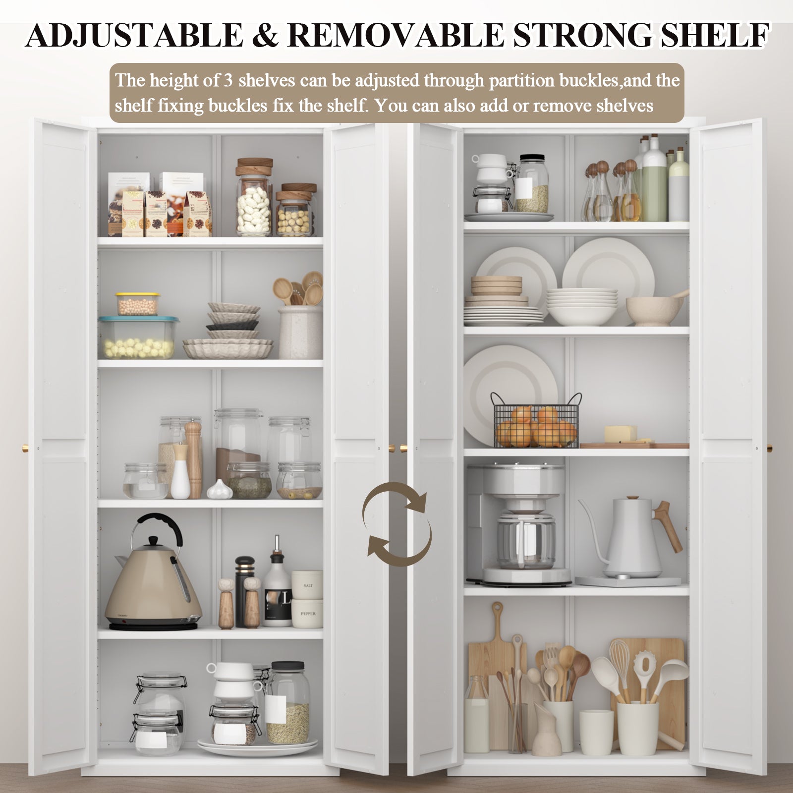 Metal Adjustable 2 Doors Metal Storage Cabinet Kitchen Pantry Cabinet With Adjustable Shelves Tall Steel Cabinet Locker For Kitchen, Living Room, Dining Room And Office