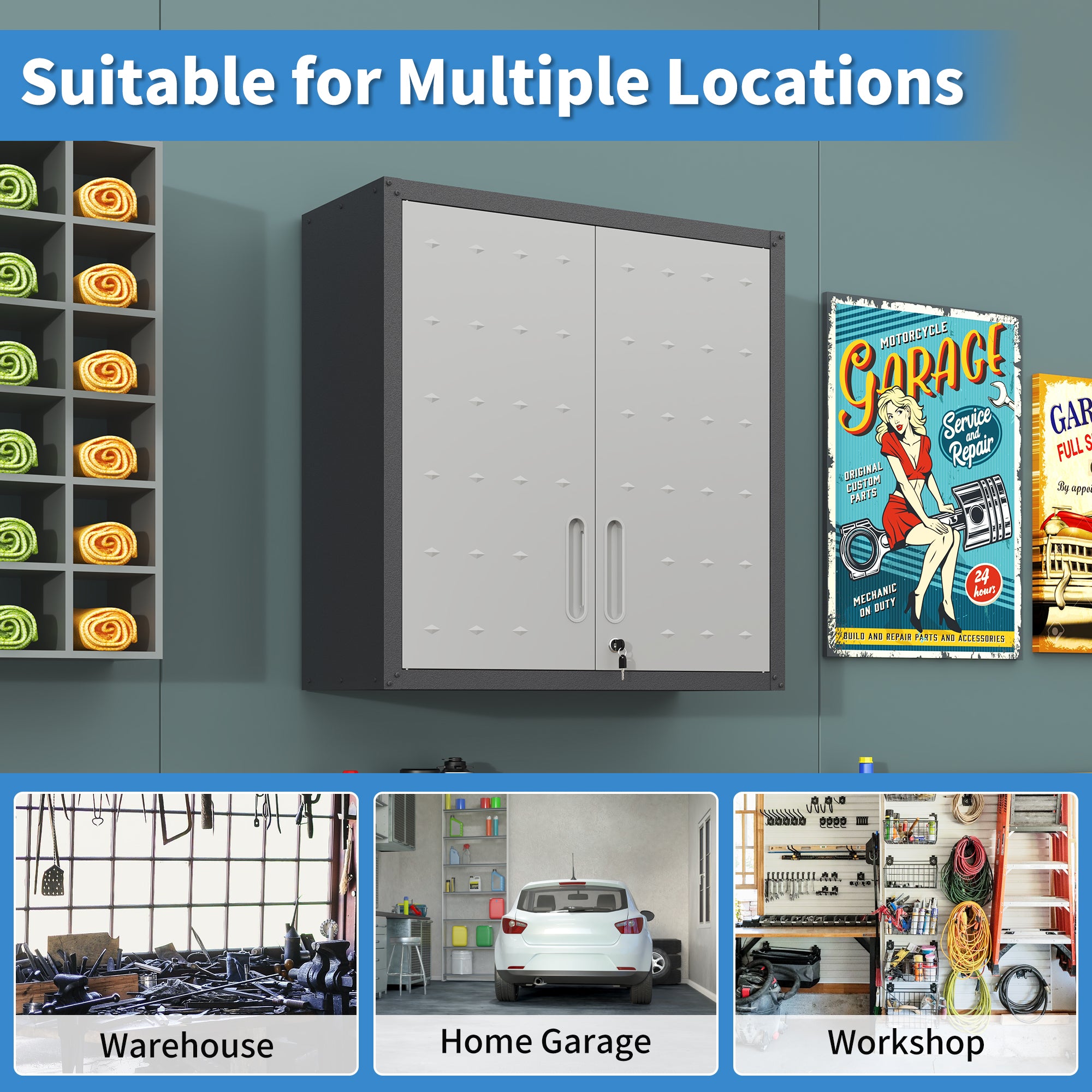 Metal Wall-Mounted Tool Storage Cabinet with Locking Door and 1 Shelf for Garage Warehouse,Office,Assembly Required