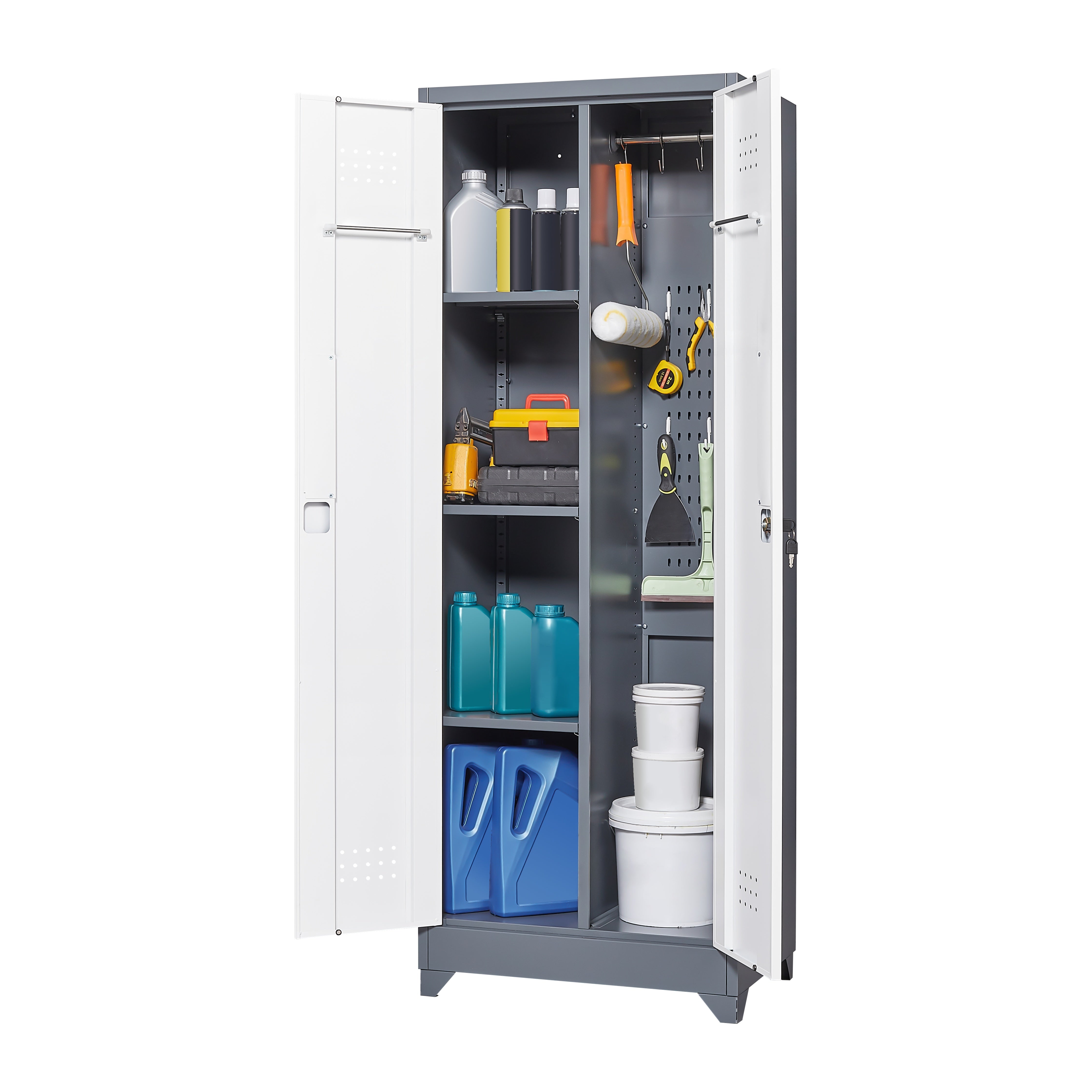 Broom Storage Cabinet With Locking Doors And Shelves, 65" H Metal Storage Cabinet With Hanging Rod & S-Hooks, Cleaning Tool Storage Cabinet Grey
