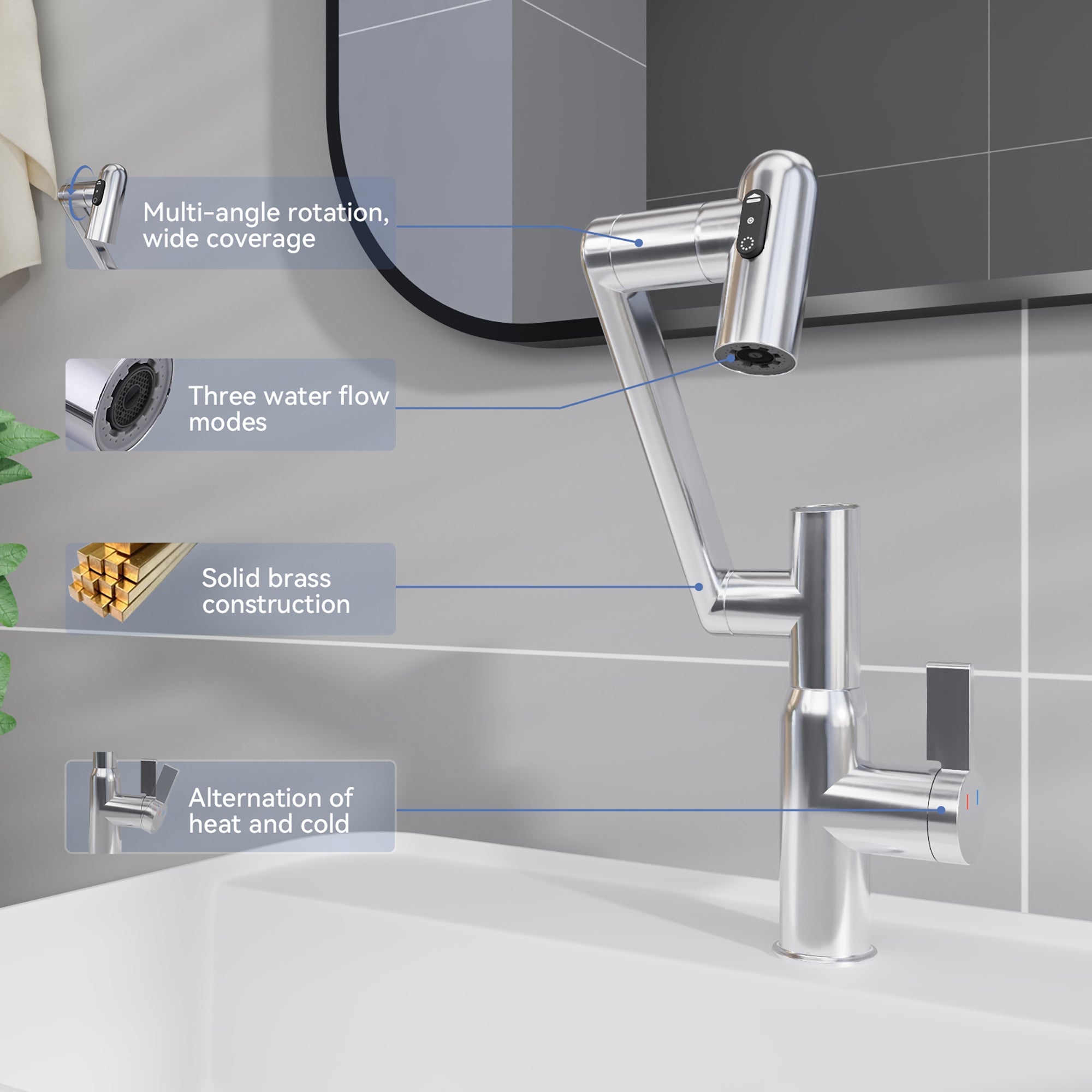 Chrome Bathroom Sink Faucet with Spray Function and Temperature Display for Anti-Skid Switch and Hot & Cold and 360° Rotary