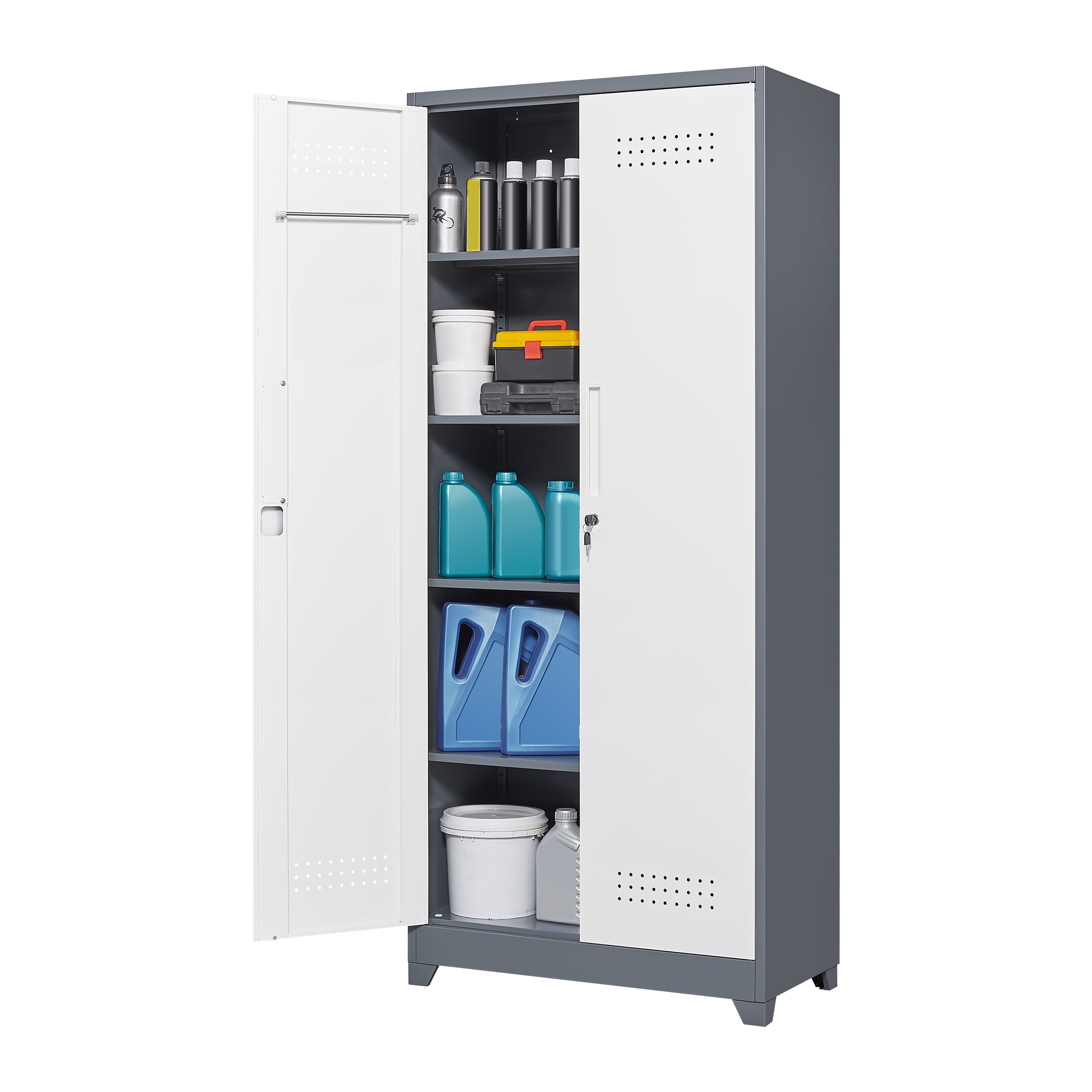 Gray Metal Lockers, Cleaning Tool Cabinets With Locking Doors, High Broom Tool Storage Cabinets, Adjustable Shelves, Large Cabinets For Kitchens, Offices, Shops.(72 Inches)