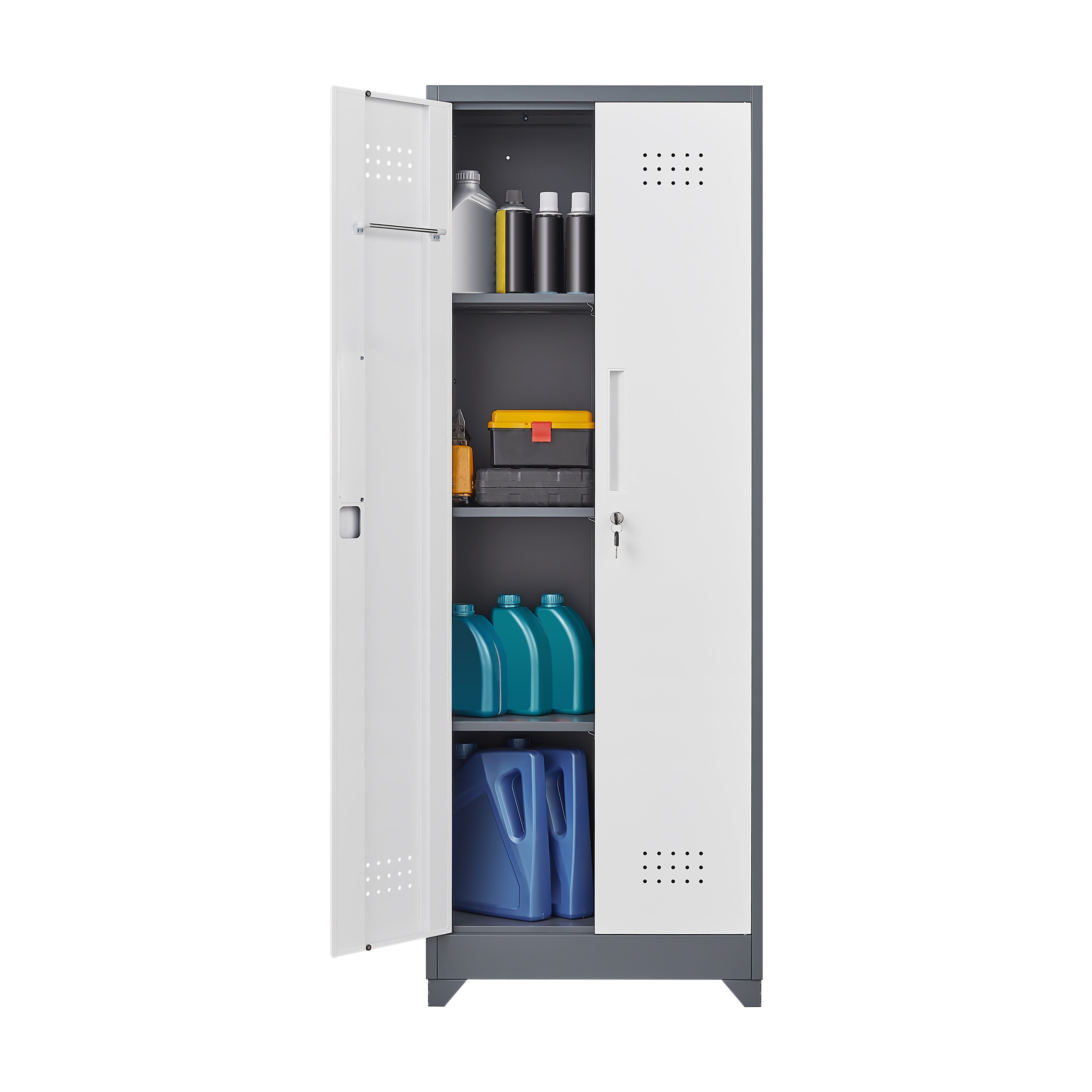 Broom Storage Cabinet With Locking Doors And Shelves, 65" H Metal Storage Cabinet With Hanging Rod & S-Hooks, Cleaning Tool Storage Cabinet Grey