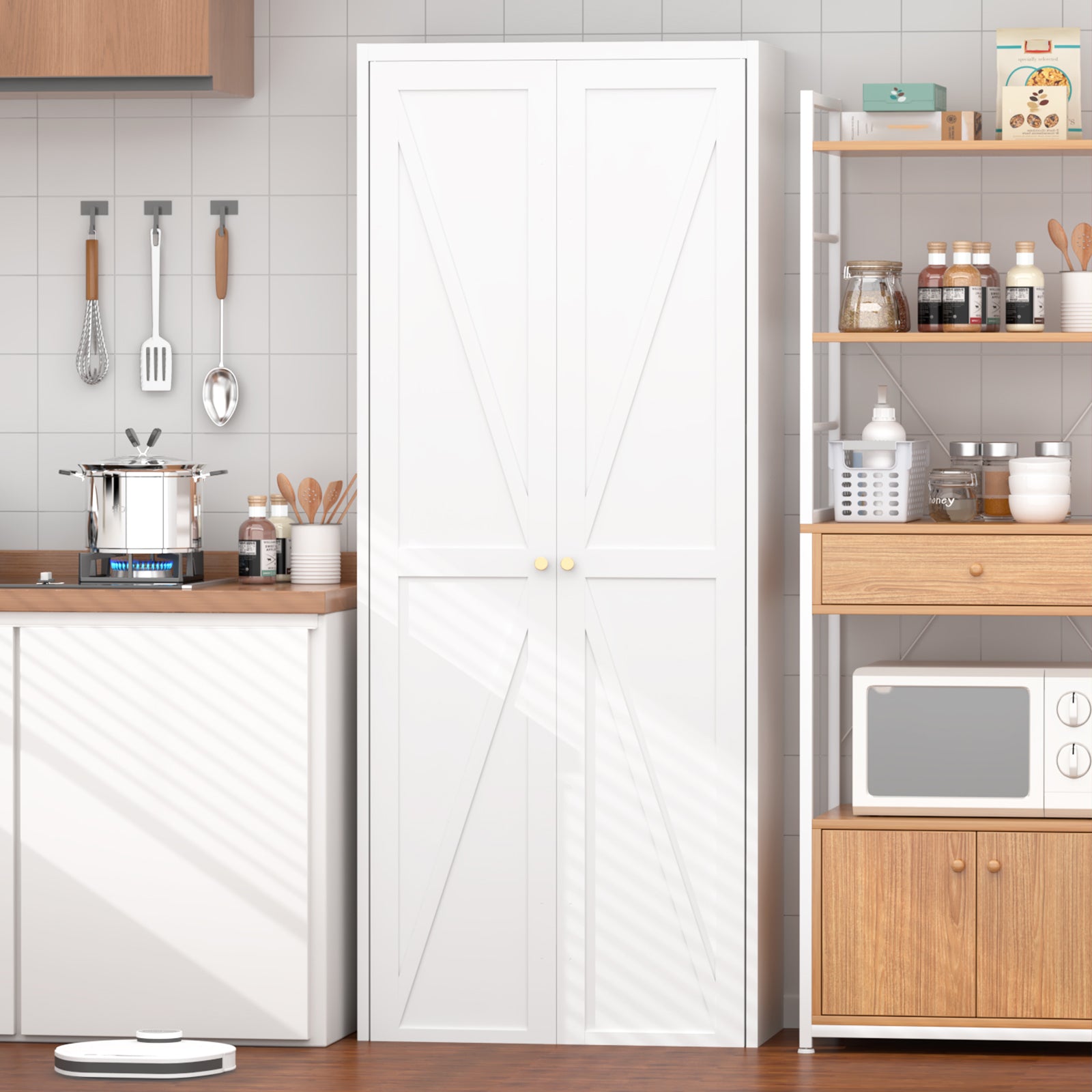 Metal Adjustable 2 Doors Metal Storage Cabinet Kitchen Pantry Cabinet With Adjustable Shelves Tall Steel Cabinet Locker For Kitchen, Living Room, Dining Room And Office