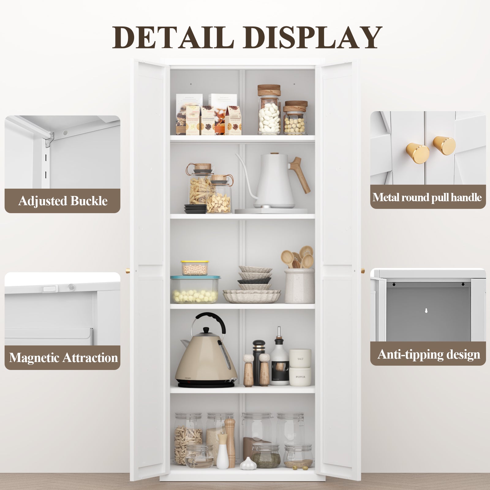 Metal Adjustable 2 Doors Metal Storage Cabinet Kitchen Pantry Cabinet With Adjustable Shelves Tall Steel Cabinet Locker For Kitchen, Living Room, Dining Room And Office