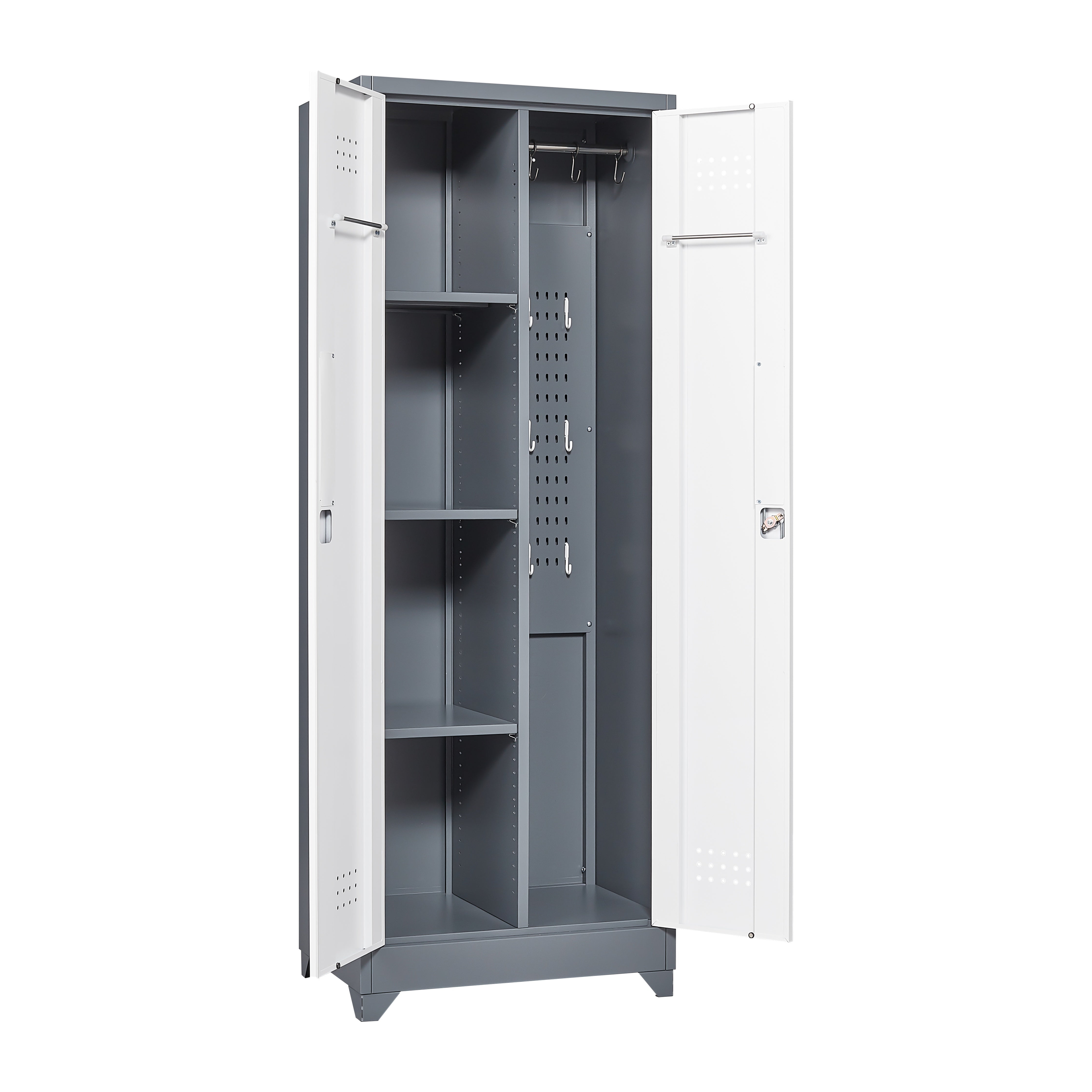 Broom Storage Cabinet With Locking Doors And Shelves, 65" H Metal Storage Cabinet With Hanging Rod & S-Hooks, Cleaning Tool Storage Cabinet Grey