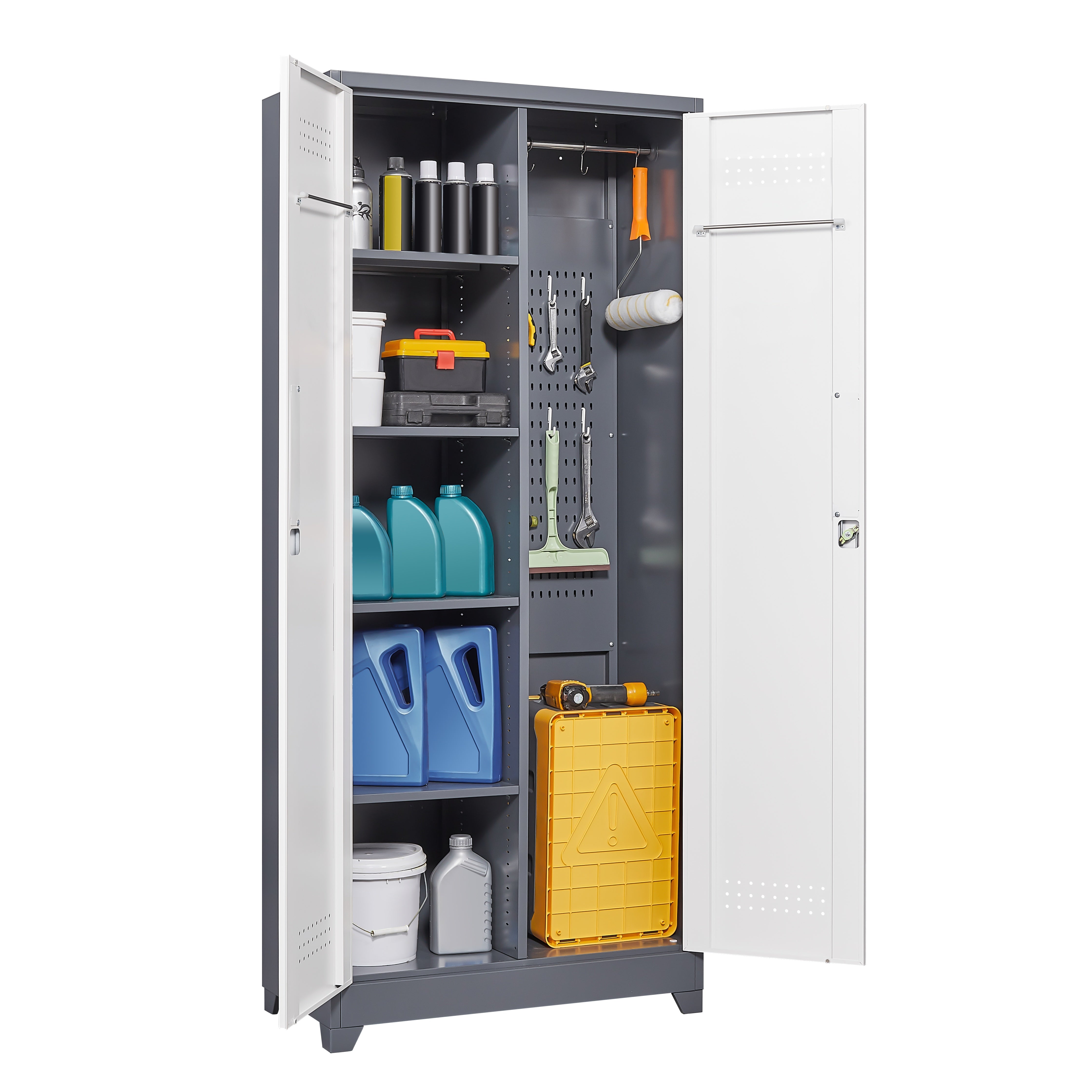 Gray Metal Lockers, Cleaning Tool Cabinets With Locking Doors, High Broom Tool Storage Cabinets, Adjustable Shelves, Large Cabinets For Kitchens, Offices, Shops.(72 Inches)