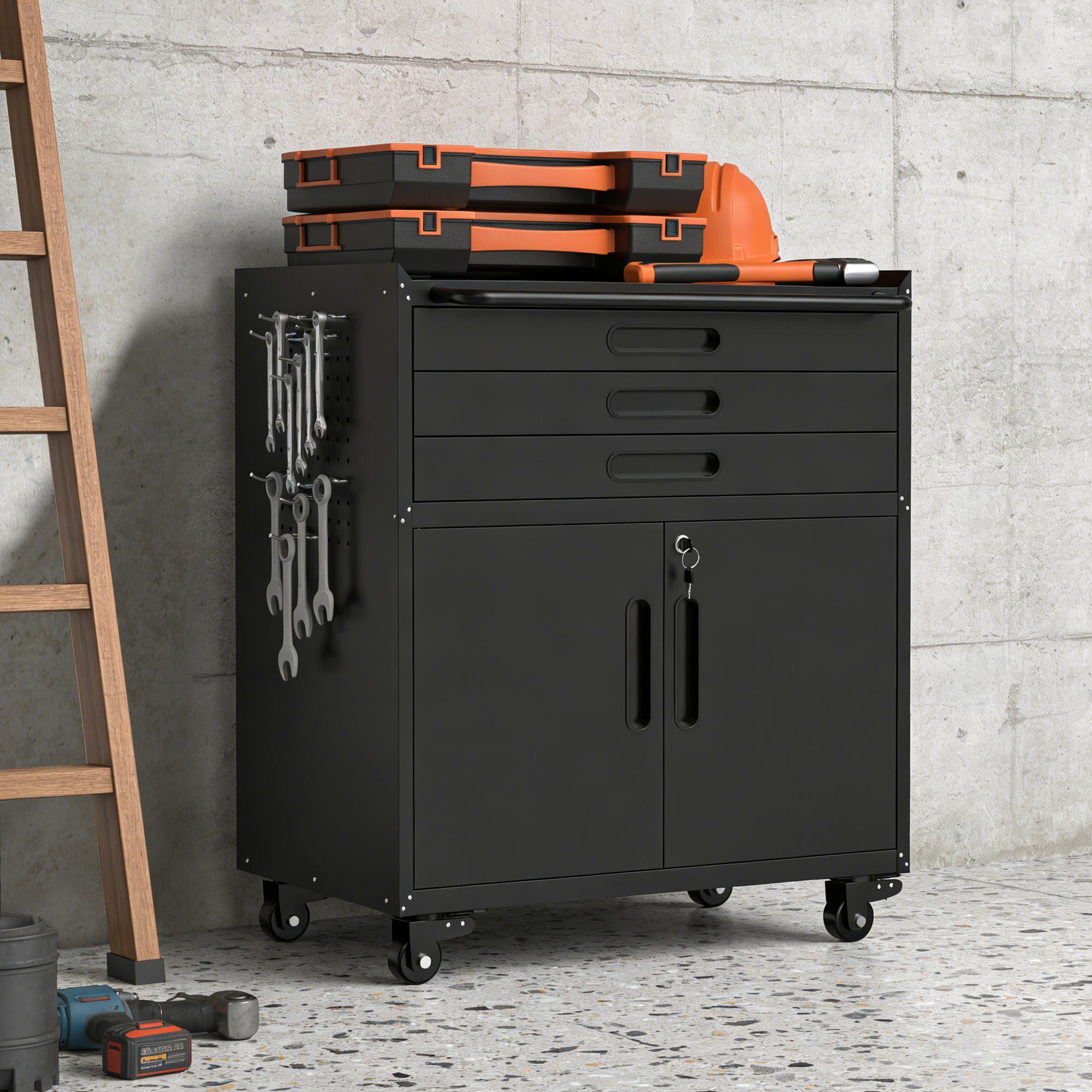 34.3" Rolling Metal Tool Cabinet - Heavy Duty Garage Storage with Lockable Doors & 3 Drawers, Mobile Workbench Organizer for Garage, Workshop, Home
