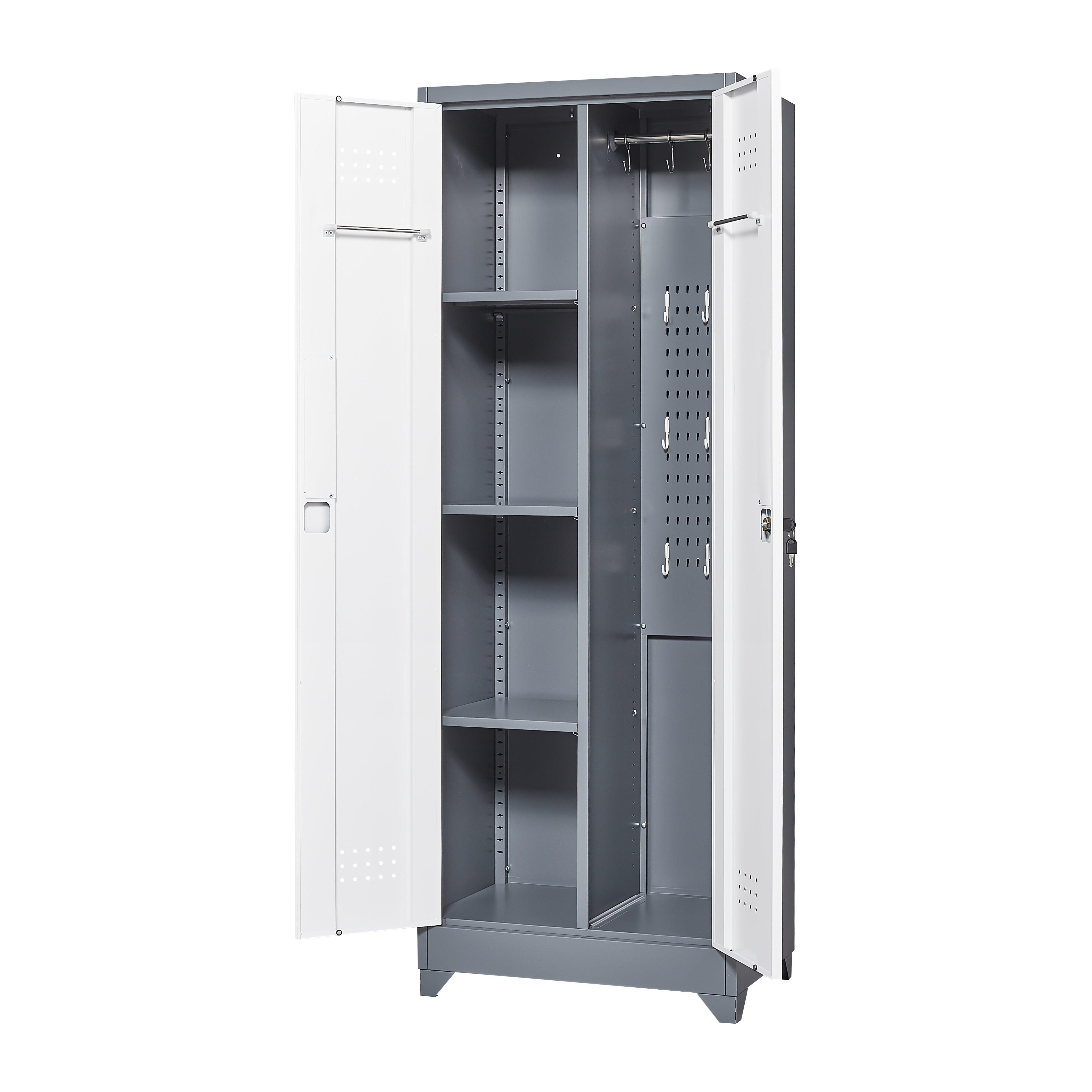 Broom Storage Cabinet With Locking Doors And Shelves, 65" H Metal Storage Cabinet With Hanging Rod & S-Hooks, Cleaning Tool Storage Cabinet Grey