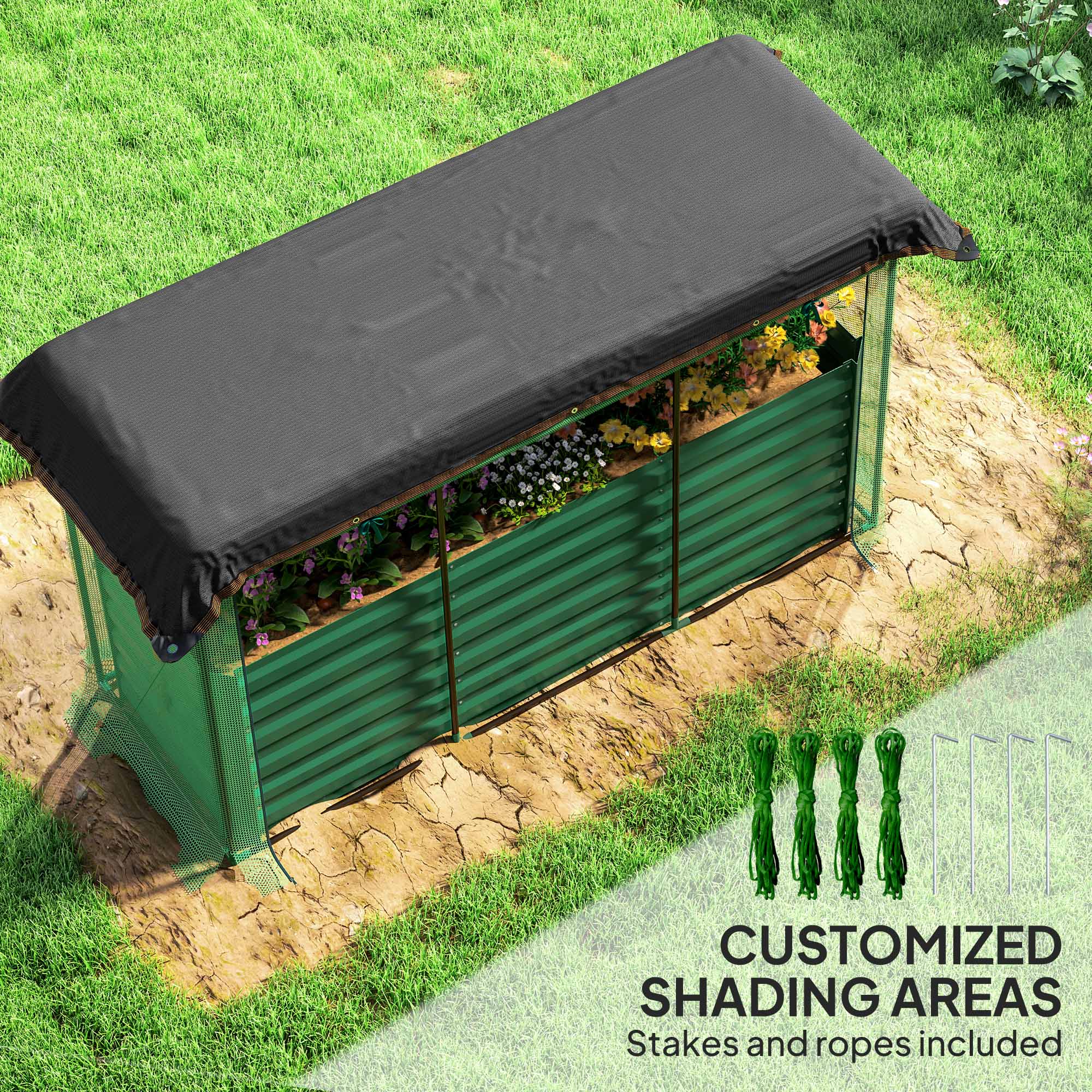 Open Bottom Raised Garden Bed,Galvanized Steel Planter Box,Crop Cage and Shade Cloth with Raised Garden Bed