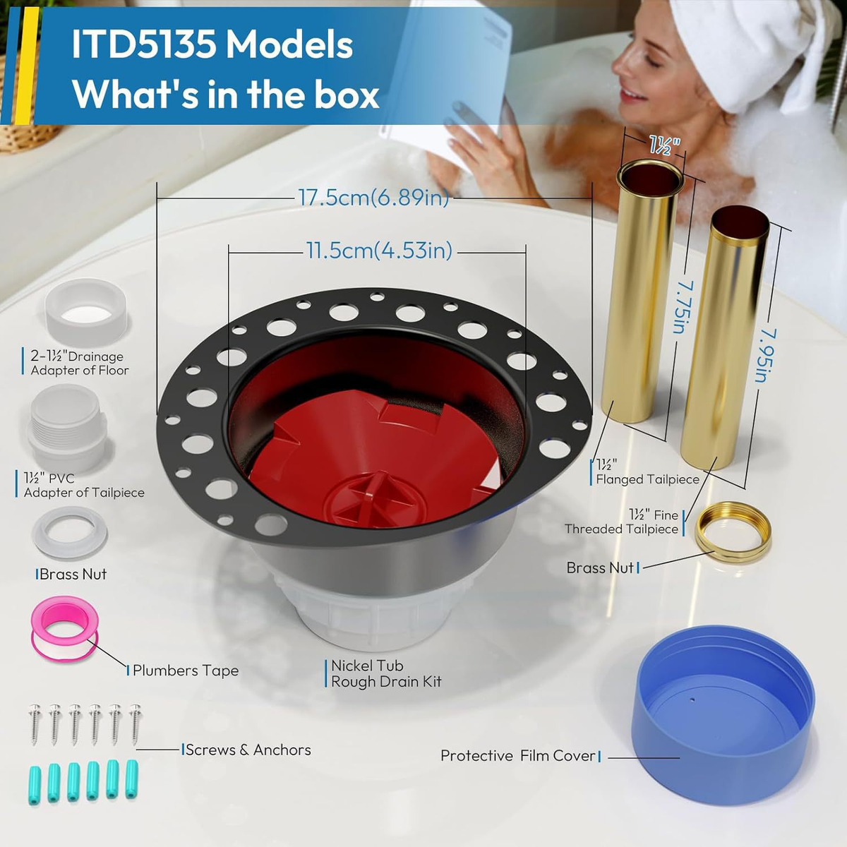 PVC Freestanding Tub Drain Rough-in Kit, Bathtub Drain Kit for Island Bathtubs, PVC Plastic Adapter and Brass Tail Pipes, Compatible with Free Standing Tub Drain, Floor Mounted Bathtubs