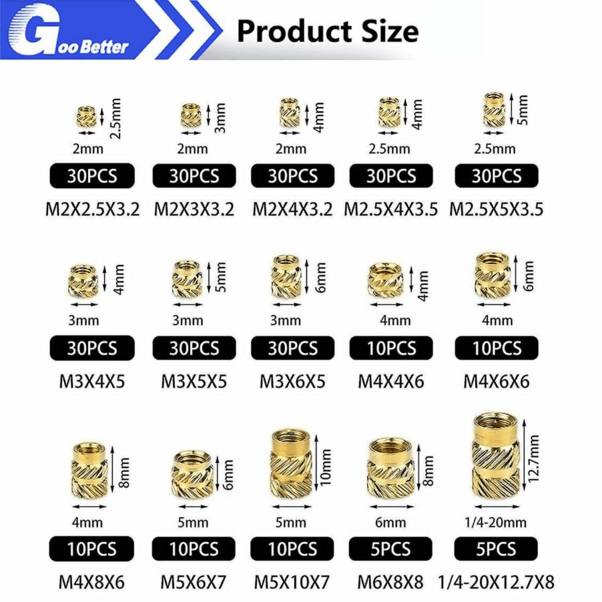 M2 - M6 1/4 300PCS Brass Threaded Heat Set Insert Plastic nut inserts Metal Nut Supplies Kit - HomeDIYer