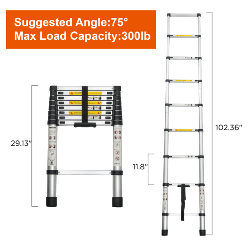 Telescoping Ladder 8.5FT, Telescopic Extension Ladder, Aluminum Alloy Folding Ladder Portable Multi - Purpose for Indoor Outdoor Work, Heavy Duty 300 lbs Load - HomeDIYer