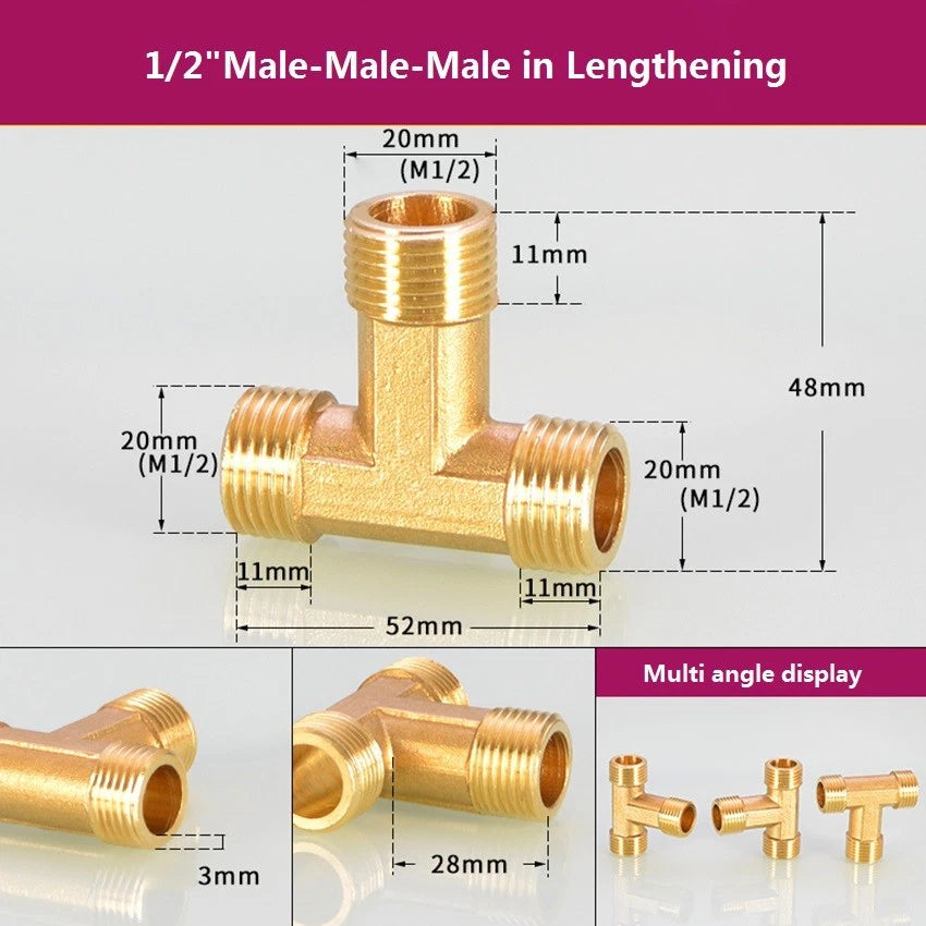 Brass BSP 1/2" T-Shape Tee Pipe Fitting | Male & Female Thread Connector