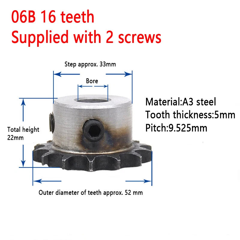 3/8" Pitch 06B Steel Pilot Bore Sprocket Simplex Roller Chain 15-17 Teeth 06B-1