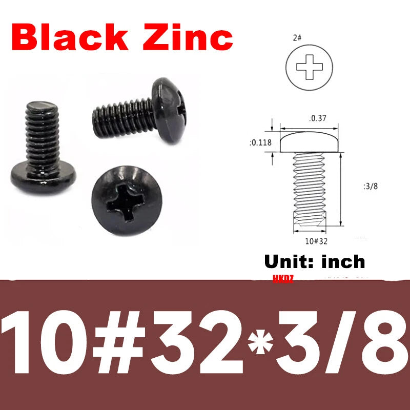 10#32 Phillips Pan Head Machine Screws – Black Zinc Carbon Steel, Round Head, 3/8” 1/2” 1.5”