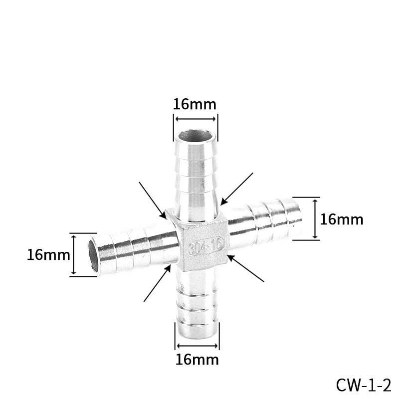 A2 Stainless Steel Cross 4-Way Barbed Hose Connector | 8–25mm | Air Fuel Water Gas
