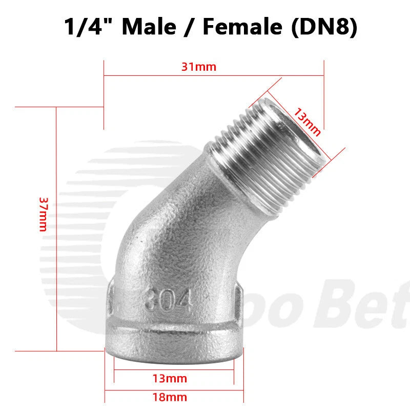 Stainless Steel 45° Elbow Pipe Fitting | 1/4"-2" BSP Male Female Thread | 304 SS Equal Elbow