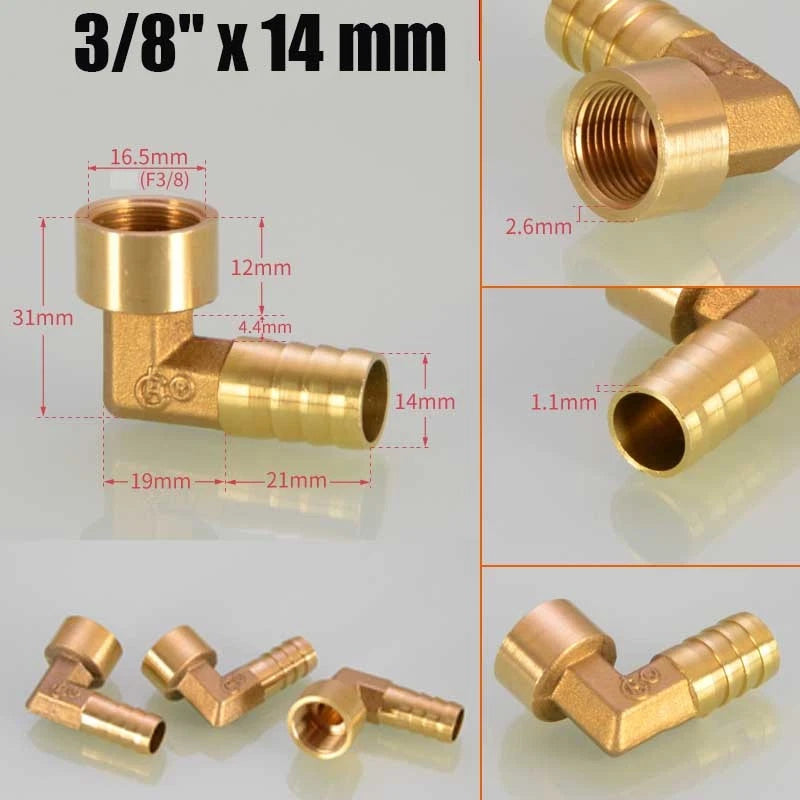 Brass 90° BSP Female Elbow with Barbed Hose Tail — 1/4", 3/8", 1/2" Pipe Fittings