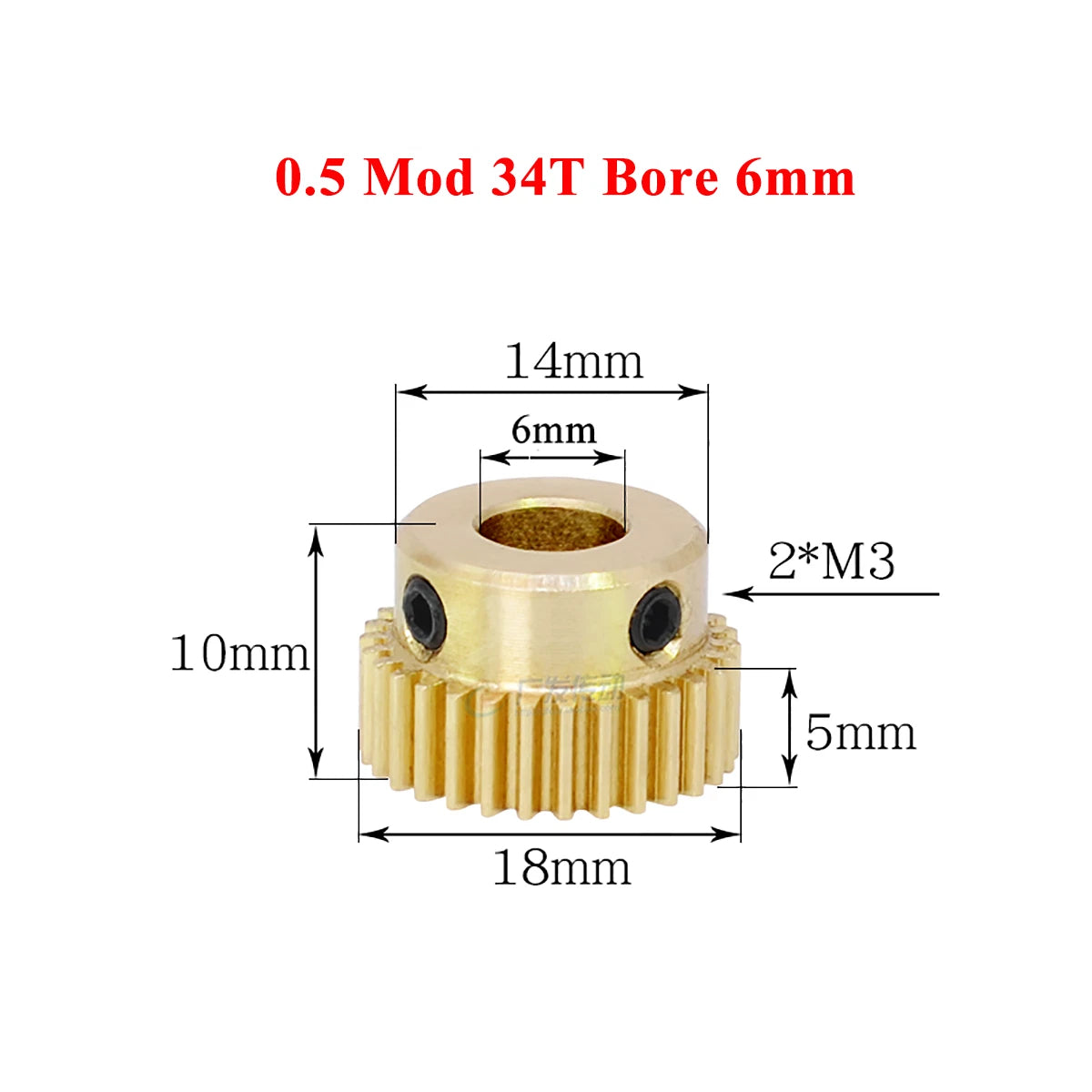0.5 Mod Brass Spur Gear 34 Teeth Bore 4~10mm Motor Gear Transmission Pinion Gear