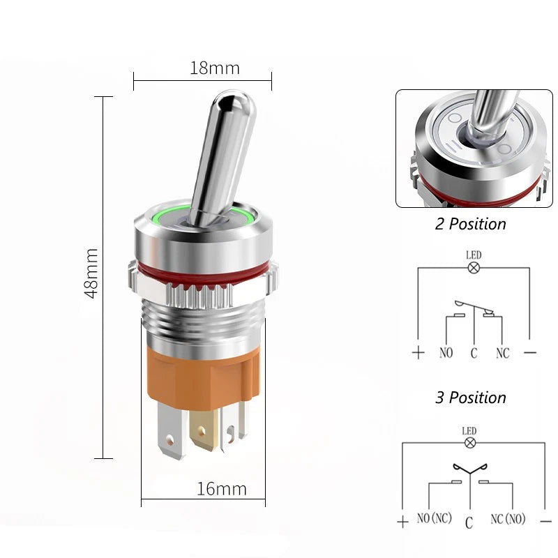 16mm LED Toggle Switch ON/OFF 2/3 Position Chrome Brass Black Oxide 20A 250VAC Waterproof