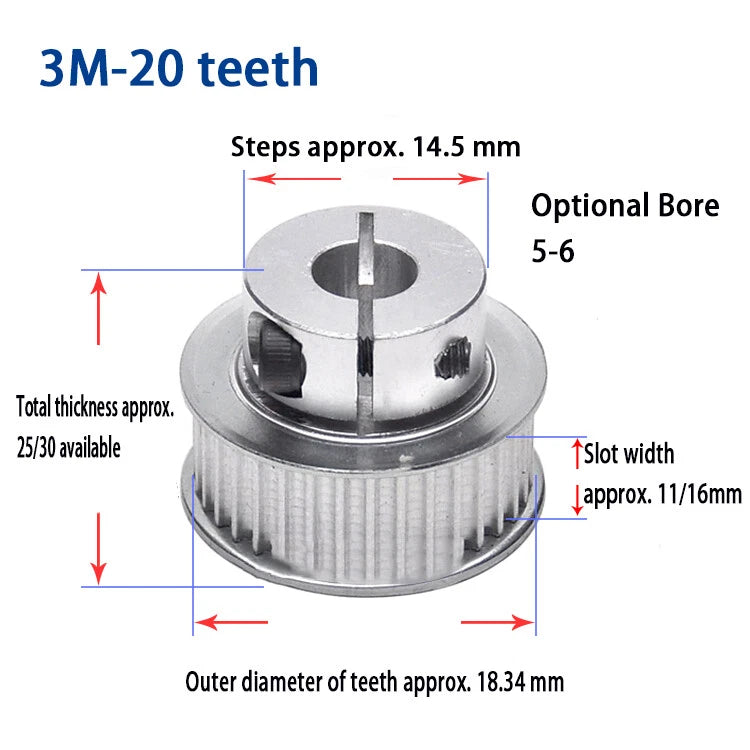 Bore 5 to 15mm CNC Pulley, Clamping Type, For 10mm/15mm Wide 3M Timing Belt