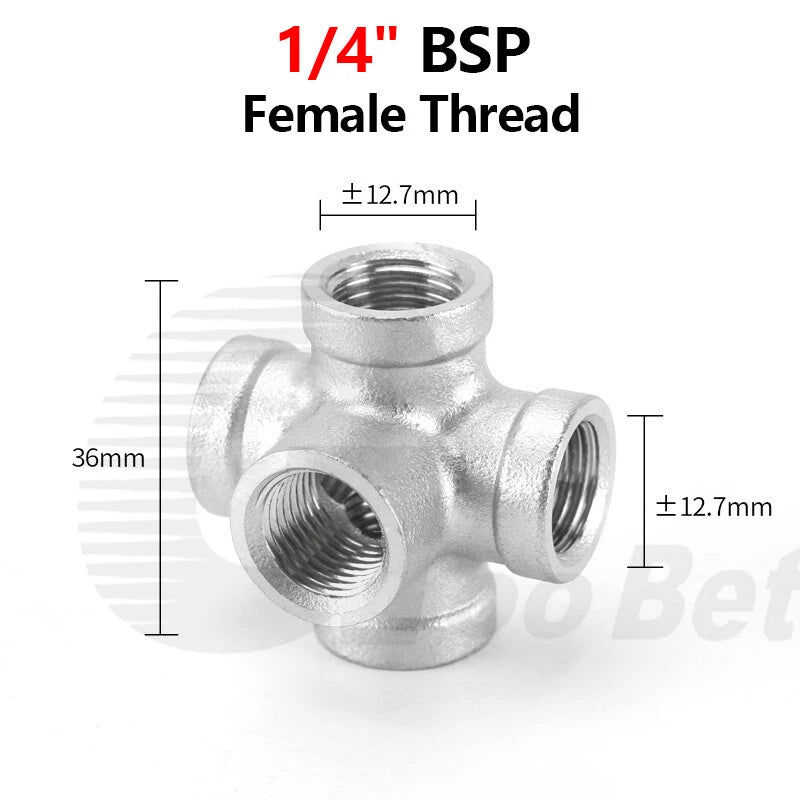 BSP Female 5-Way Pipe Fitting – Stainless Steel Elbow Connector Adapter, 1/4" to 2"